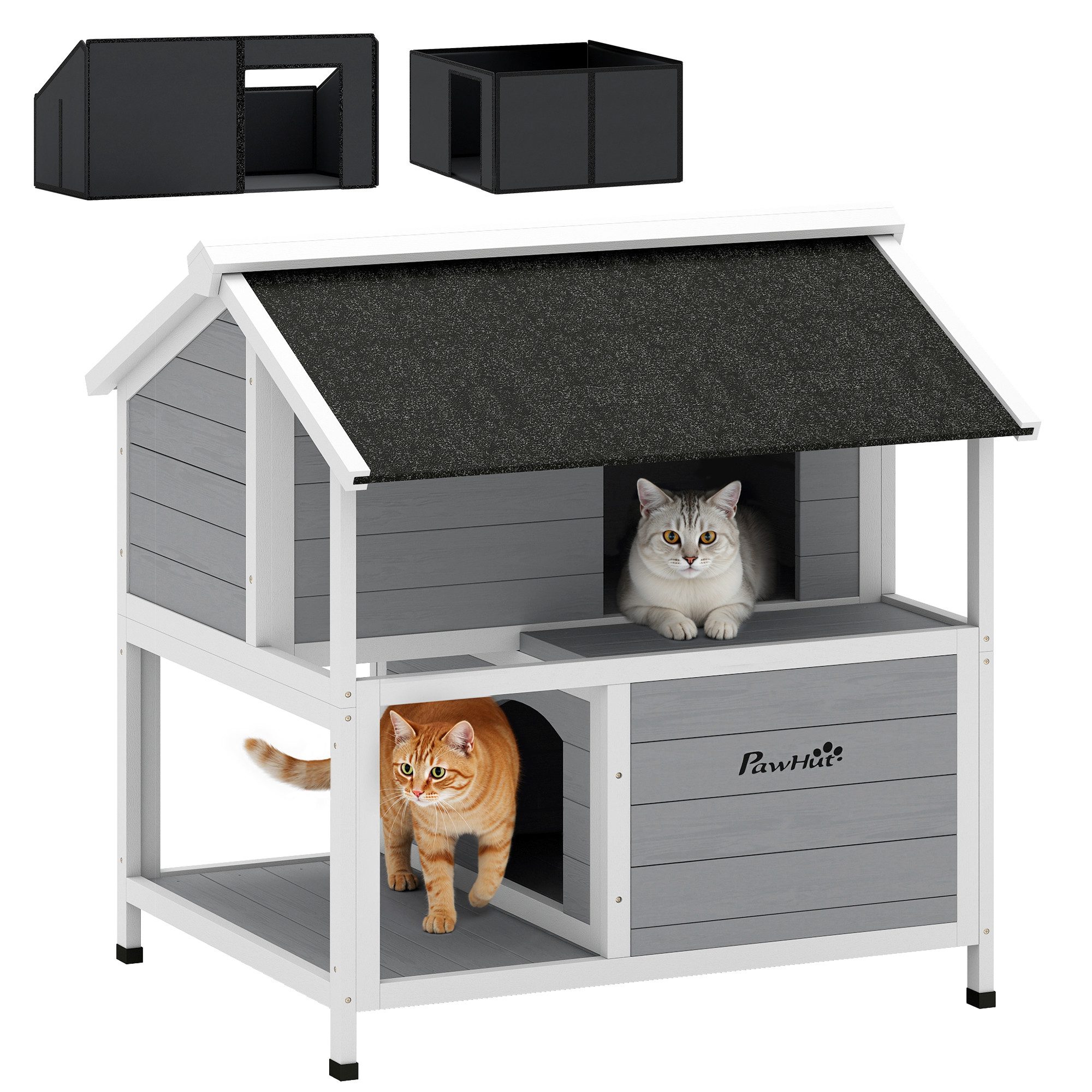 PawHut Tierhöhle Katzenhaus aus Holz, mit zu öffnendem Dach, herausnehmbarem Kissen, für Draußen, 80 x 93 x 95 cm, Grau