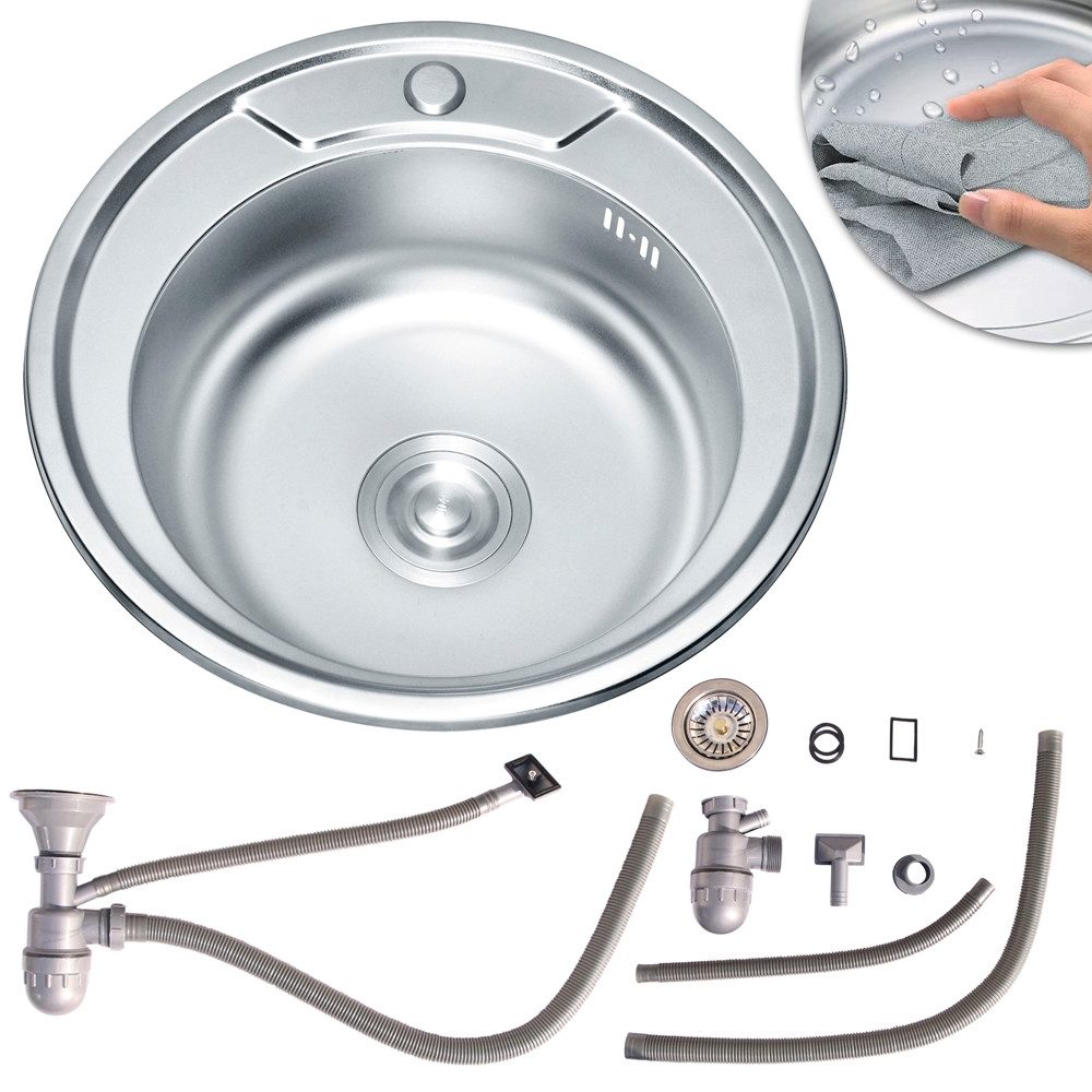 Mucola Küchenspüle Edelstahlspüle 50CM Edelstahl Spülbecken, Küchen, rund, (Set), inkl. Ablaufgarnitur + komplettem Siphon (zur Reinigung abschraubbar)