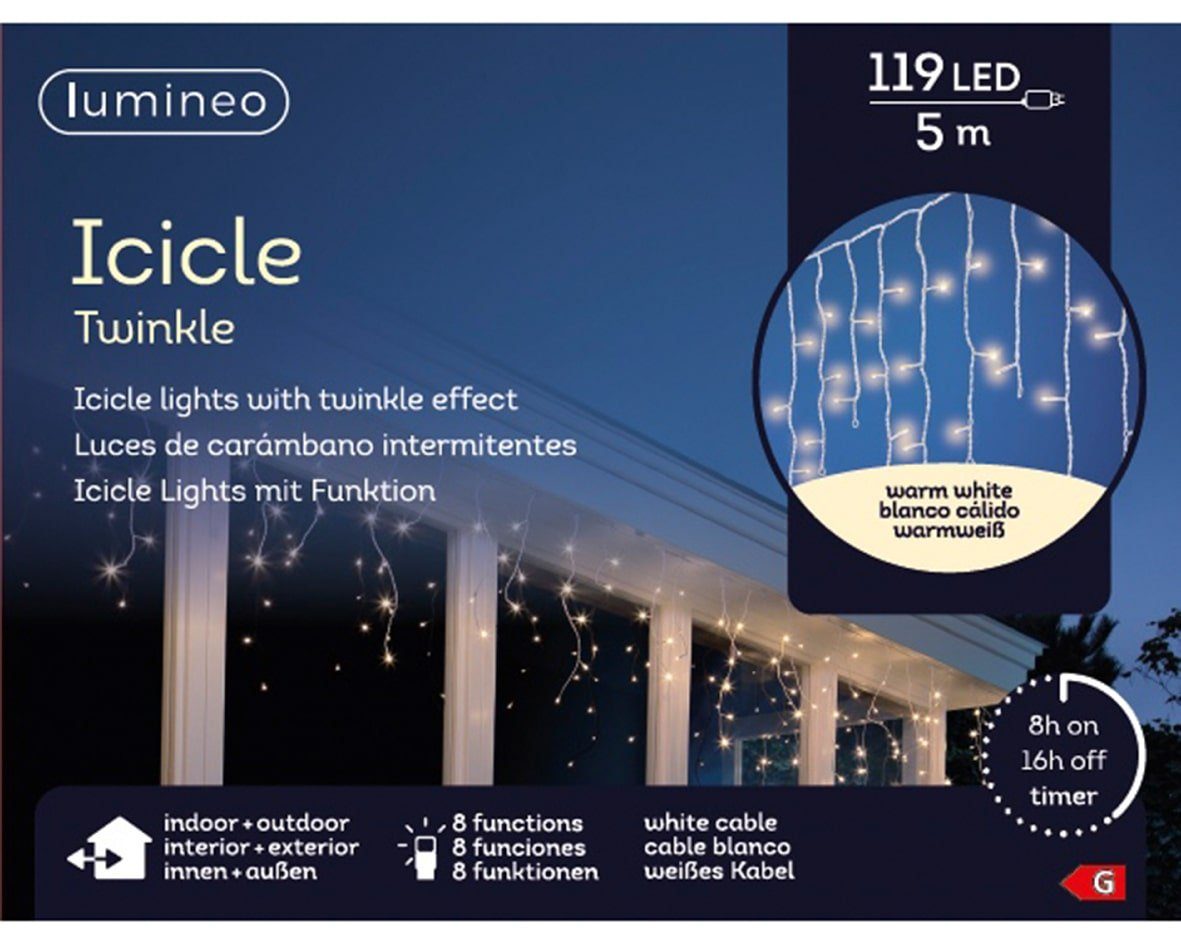 Lumineo LED-Lichterkette Lumineo Lichtervorhang Icicle Twinkle 119 LED 5m warm weiß, weiß, 8 Twinkle-Effekte, Timer, Indoor, Outdoor