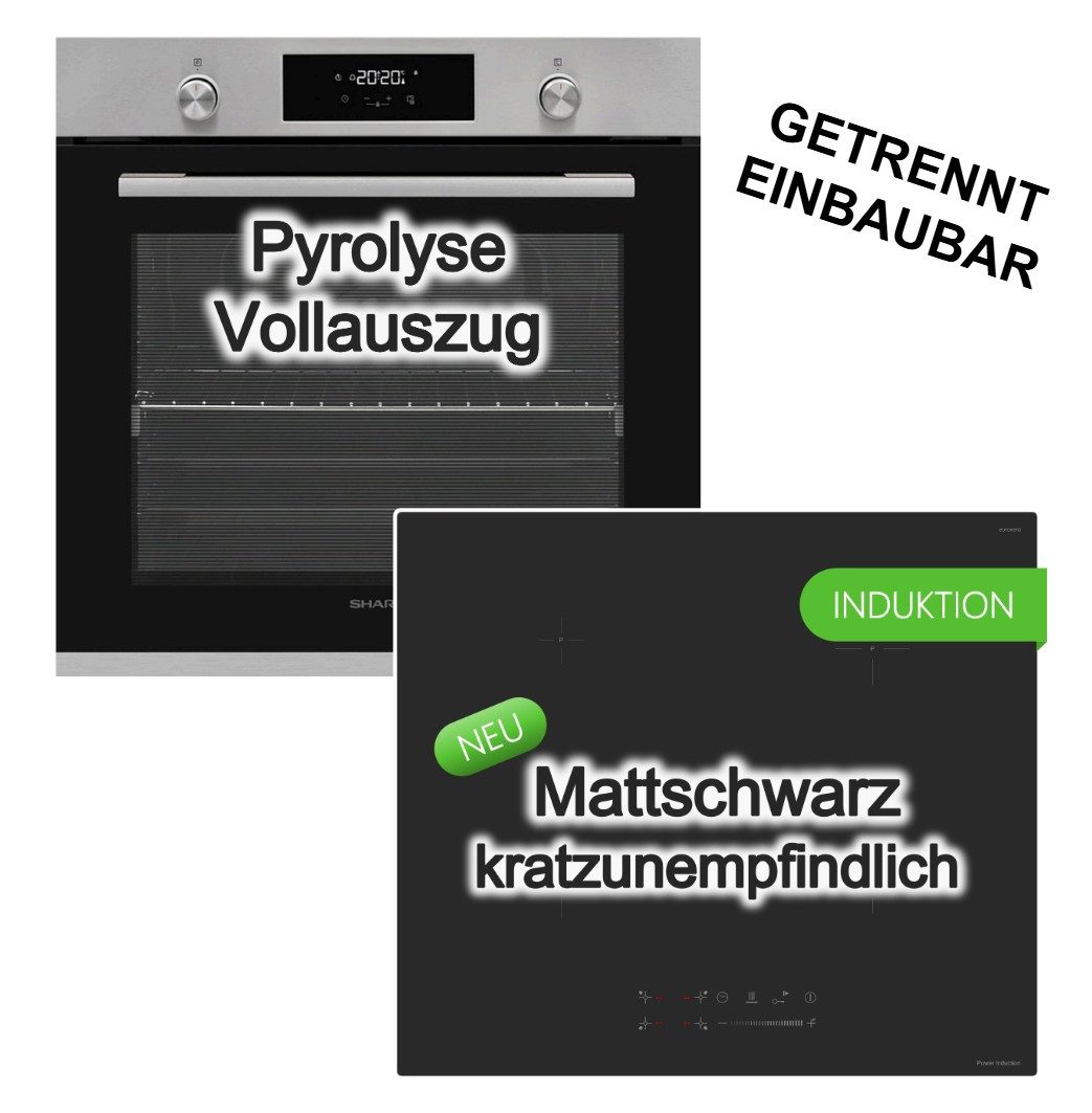 Sharp Backofen-Set Pyrolyse Vollauszug + keenberk Induktionskochfeld Boost MattBlack 60cm, mit 1-fach Vollauszug, Pyrolyse-Selbstreinigung