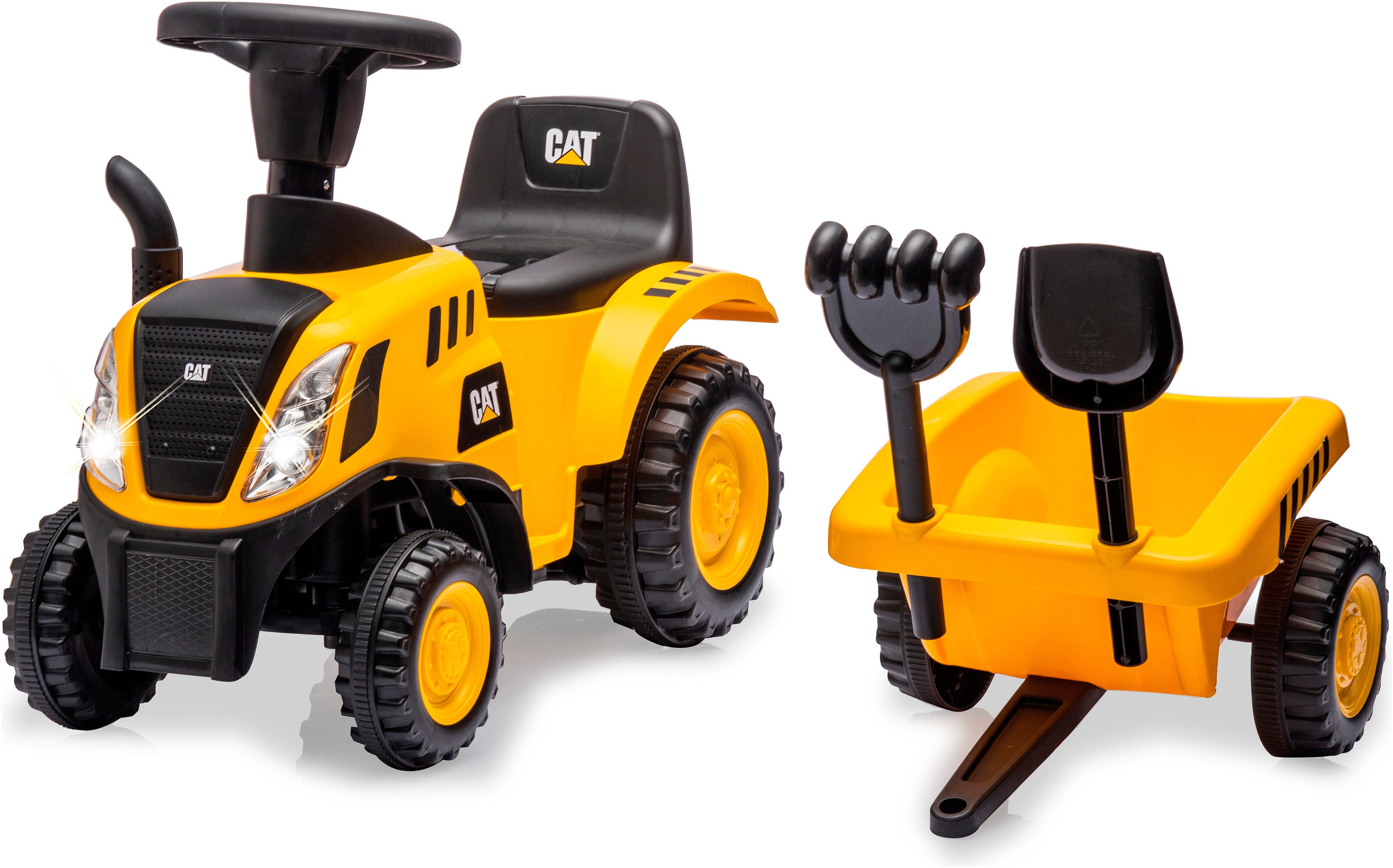 Jamara Rutscher Caterpillar Traktor mit Anhänger 2in1, gelb, mit Licht- und Soundeffekten sowie Hupe – Bild 4 von 5