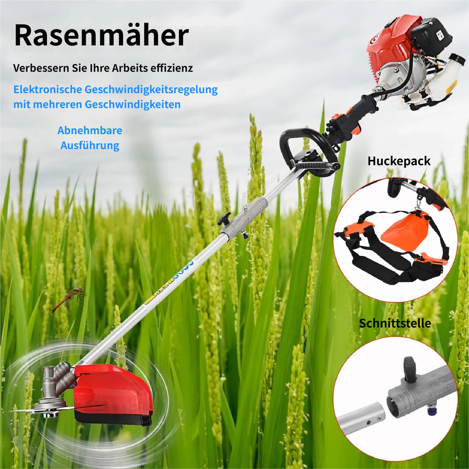 Rutaqian Benzinrasenmäher Multifunktionaler Benzin-Rasenmäher, 52CC Kettensäge, Freischneider, 5-in-1 Benzin-Heckenschere, Grasschneide, Hochastsäge für den Haushalt