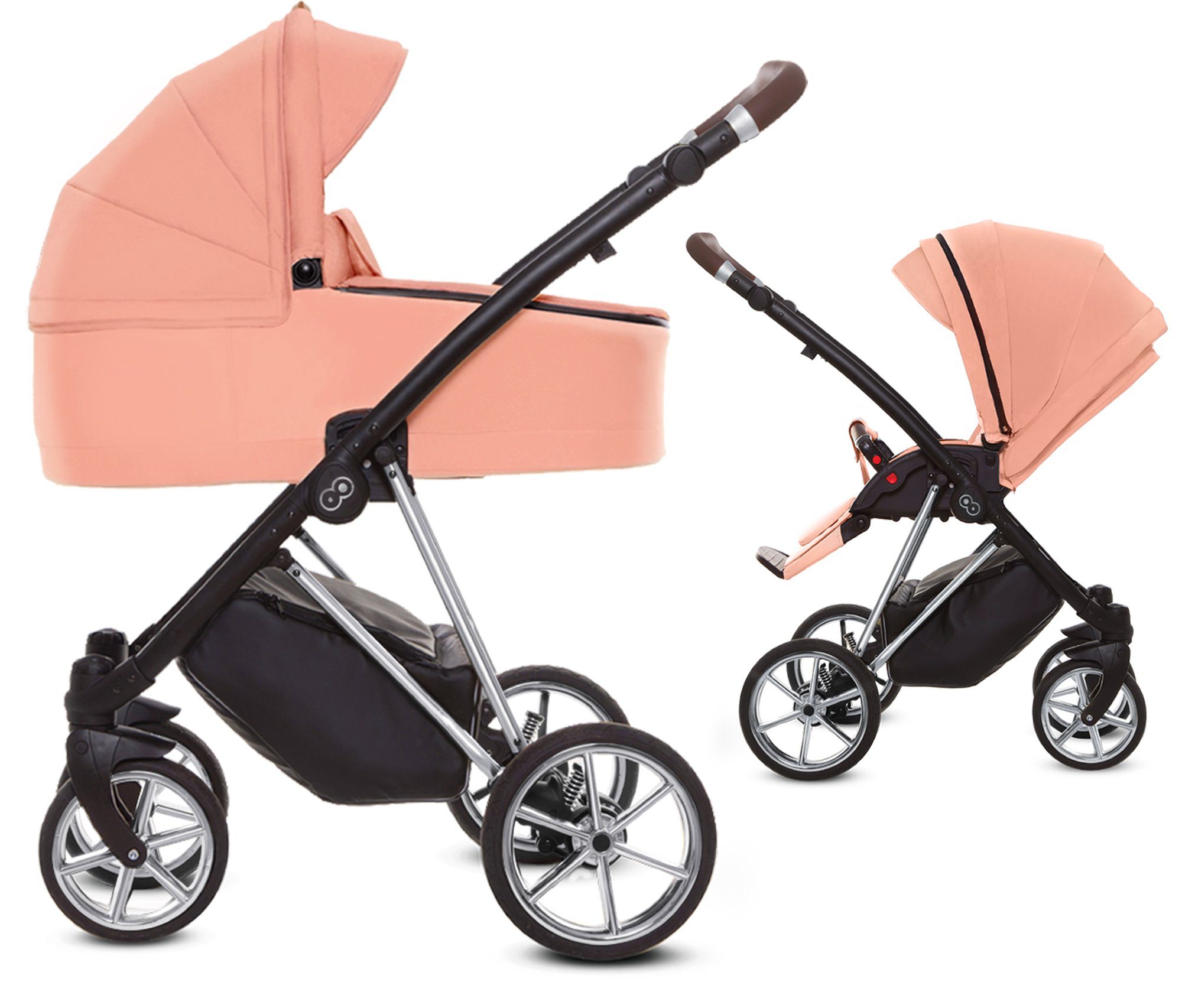TPFFamily Kombi-Kinderwagen 2in1 Musse Ultra, Baby Buggy Babywanne 5-Punkt-Sicherheitsgurt, großes Zubehör-Set Коляски 2 in 1 Stoff Apricot, Gestell Silber
