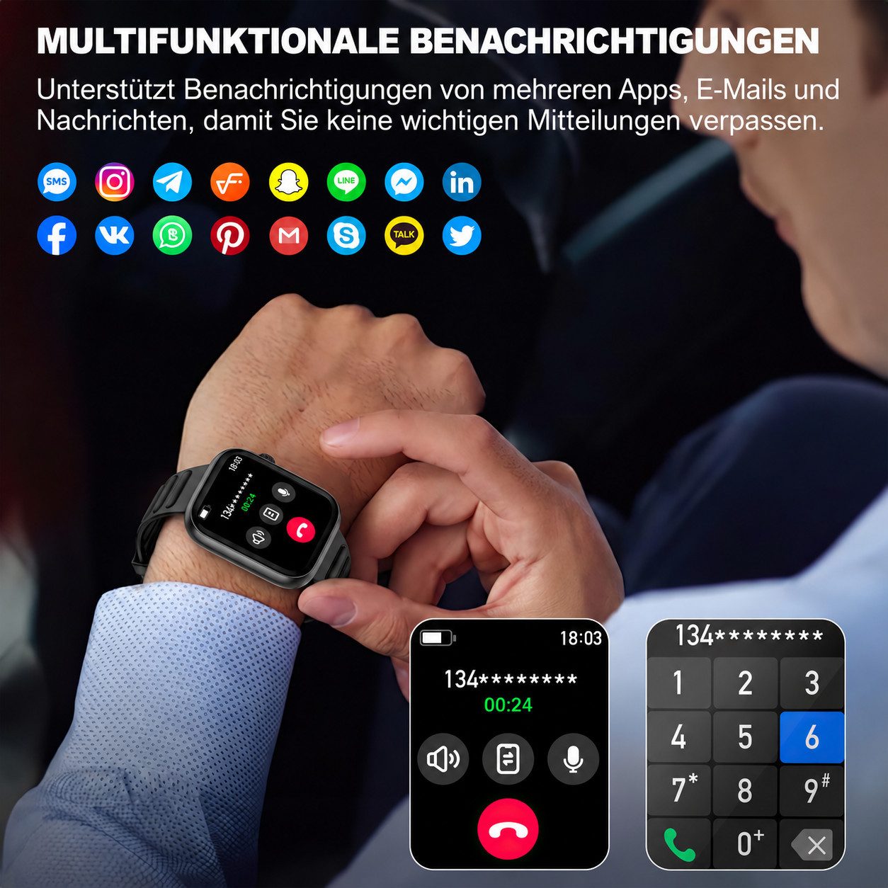 Fyrove Smartwatch Damen Herren,Fitness Uhr mit Anruffunktion Smartwatch (mit 3 Armbändern, luetooth-Telefonfunktion & KI-Sprachassistent,1,85" HD Touchscreen Sm – Bild 2 von 5