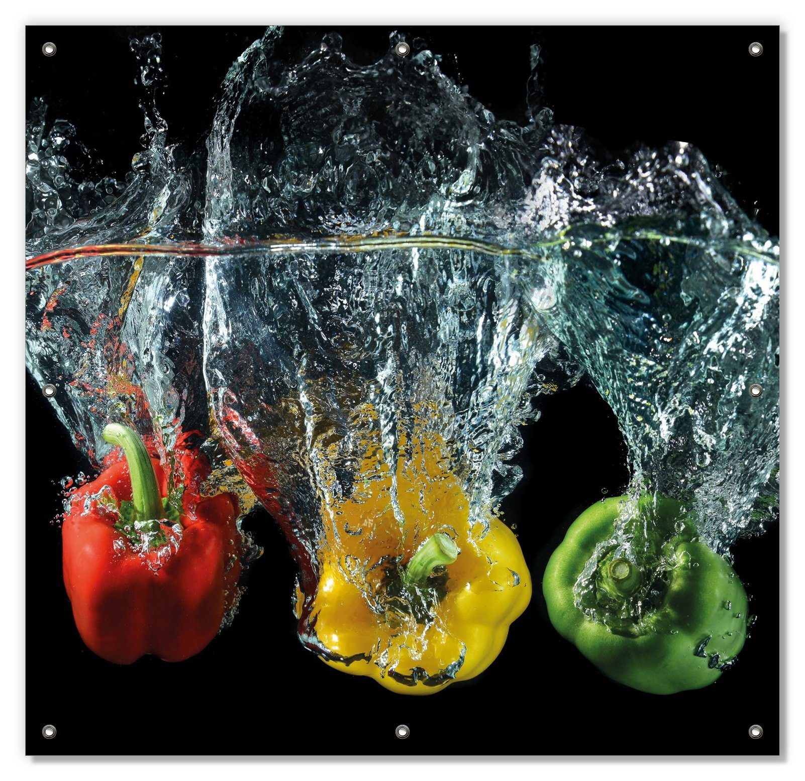 Sonnenschutz Paprika-Mix - frische Paprika in rot, gelb und grün im Wasser, Wallario, blickdicht, mit Saugnäpfen, wiederablösbar und wiederverwendbar
