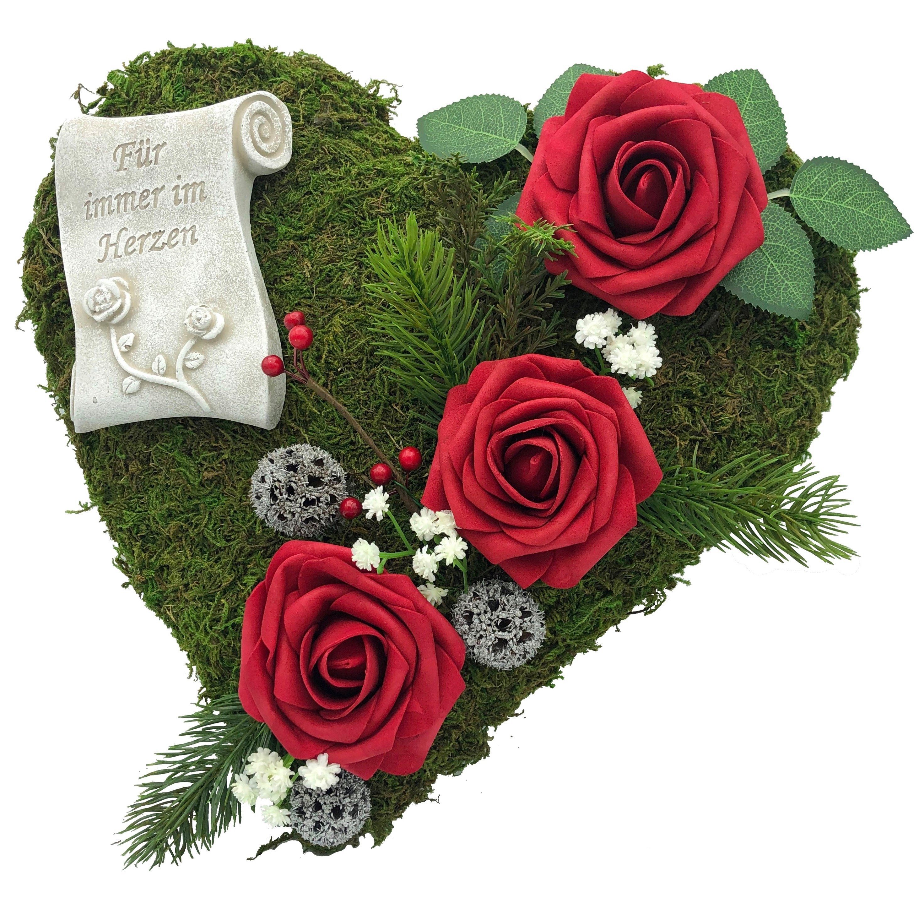 Radami Gartenfigur Grabgesteck Grabherz Rosen rot Für immer im Herzen