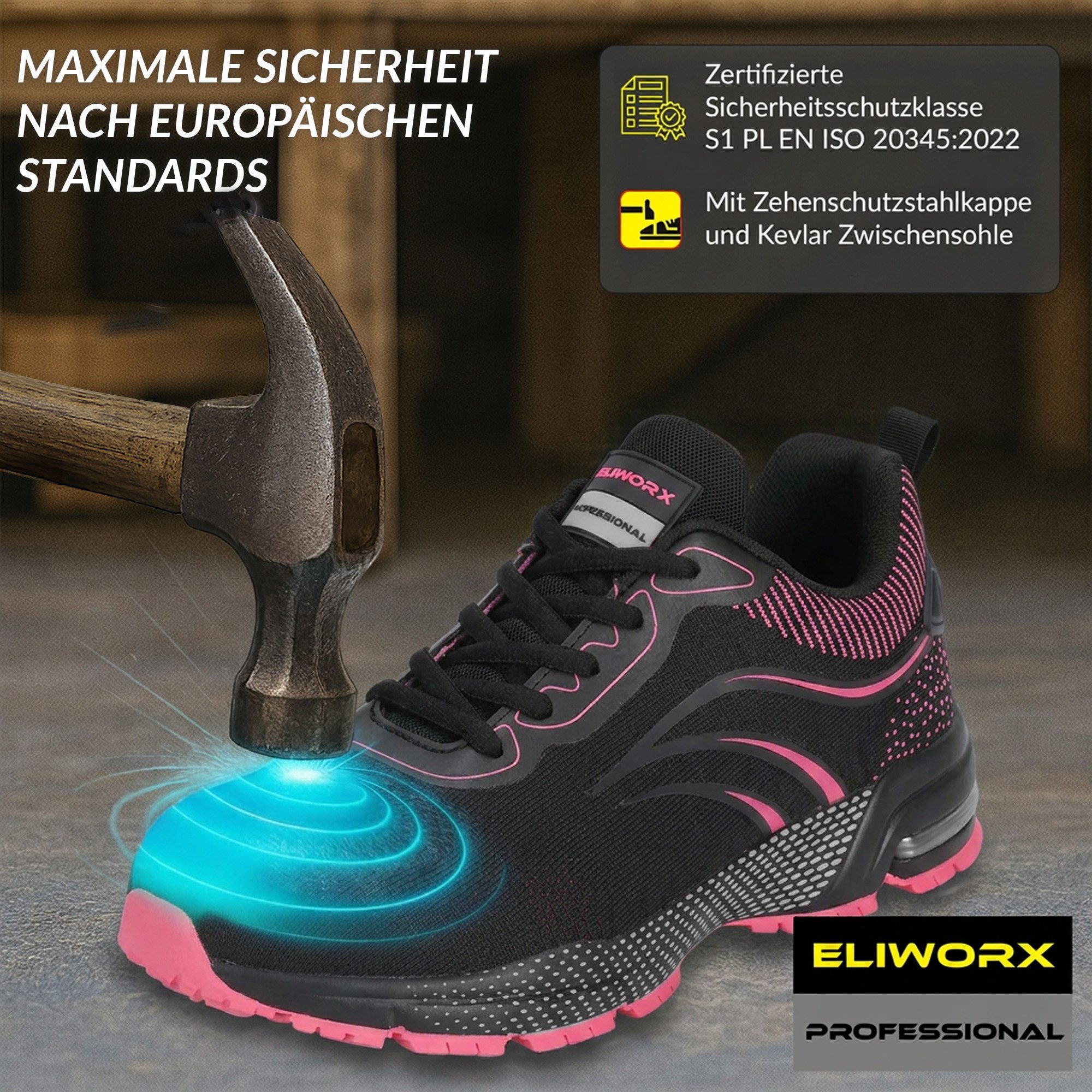 ELIWORX S1 PL Schuh mit Stahlkappe, Atmungsaktives Mesh - Arbeitsschuhe Damen Arbeitsschuh Durchtrittsichere Zwischensohle aus Kevlar, besonders rutschhemmend – Bild 2 von 5