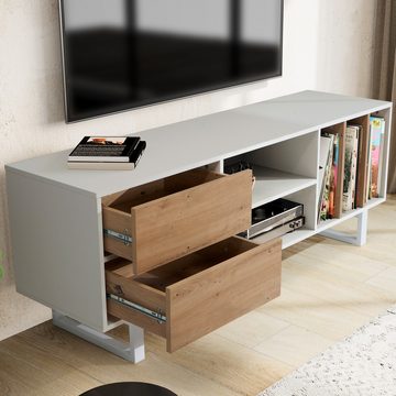 Wohnling Lowboard WL6.812 (Weiß / Eiche-Dekor, 150x55x40 cm, zwei Schubladen), TV-Kommode Hoch, TV-Schrank Modern Fernsehtisch