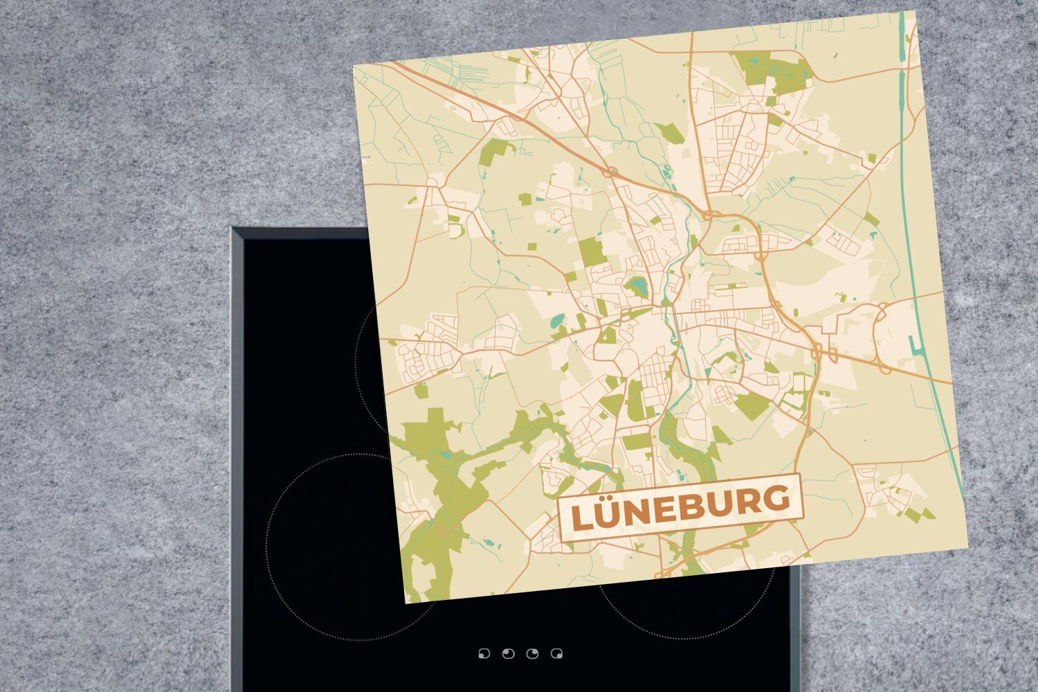 Vintage küche 78x78 Stadtplan, - Vinyl, Arbeitsplatte tlg), - für cm, Lüneburg (1 Herdblende-/Abdeckplatte Karte Ceranfeldabdeckung, - MuchoWow