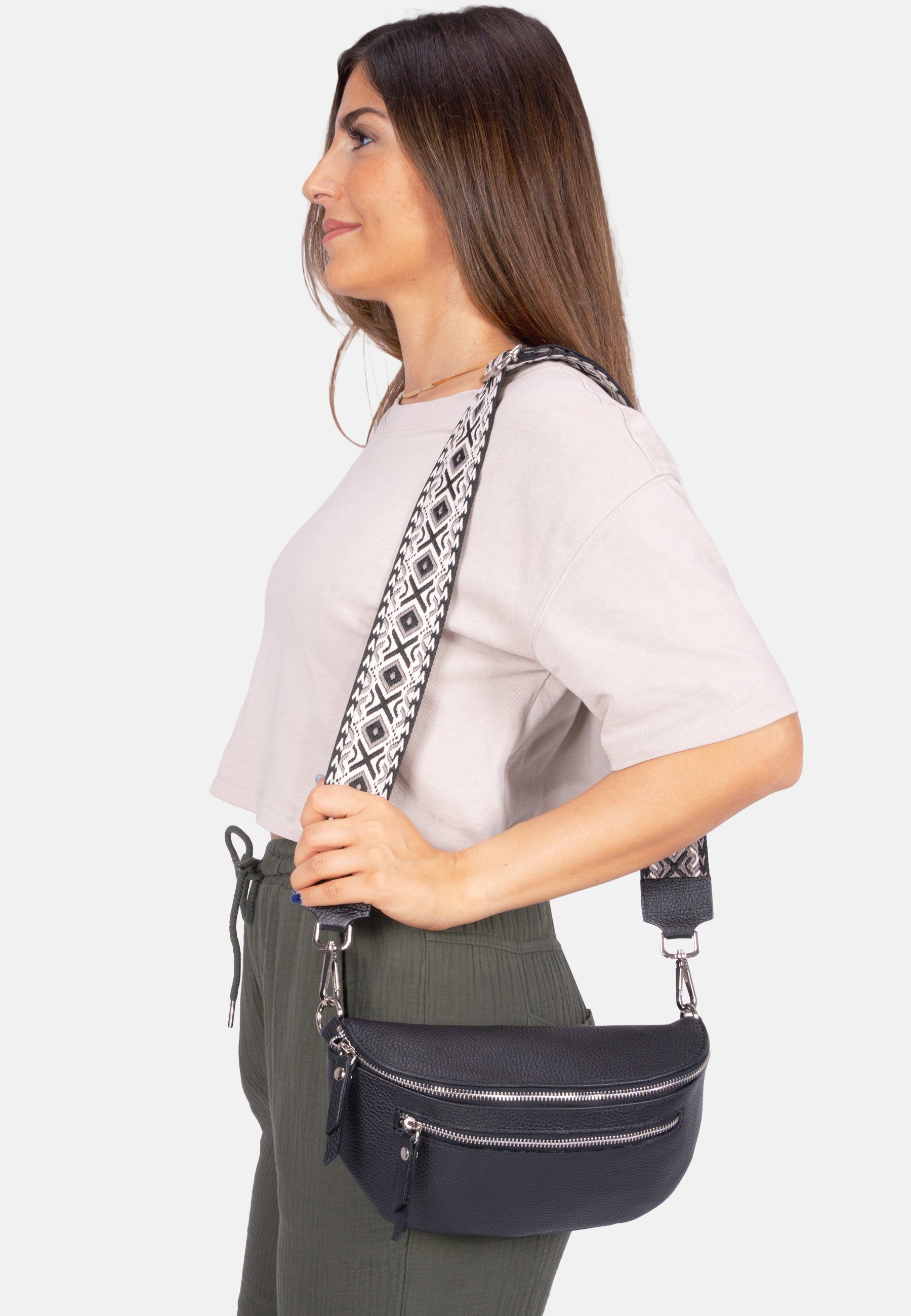 Mittelgroße Schwarz breitem und Seasons of Bag Crossbody Gurt Leder aus Zipper Umhängetasche 100% April 2 mit Pia, Umhängetasche