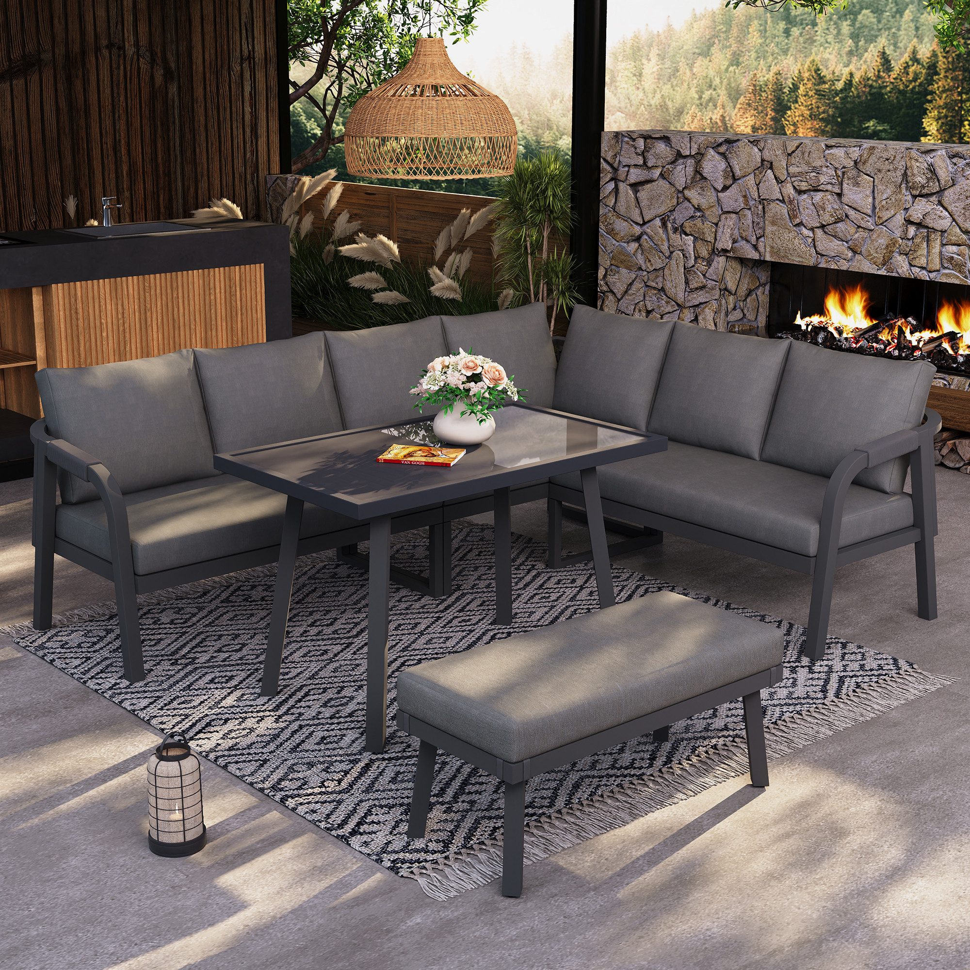 REDOM Gartenlounge-Set für 8 Personen aus Stahl, grau, mit Esstisch, (Set, 3-tlg., Geflochtene Arm- & Rückenlehnen, verzinkte Stahlrohre), Inklusive Ecksofa, Esstisch & Bank, wetterfest