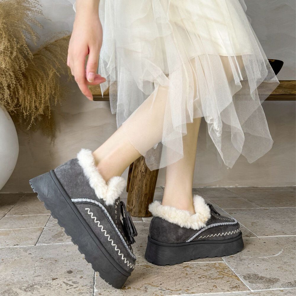 Ital-Design Damen Slipper mit Plateau und Quasten für Freizeitkomfort Snowboots (90542833) Flach Stiefeletten in Grau
