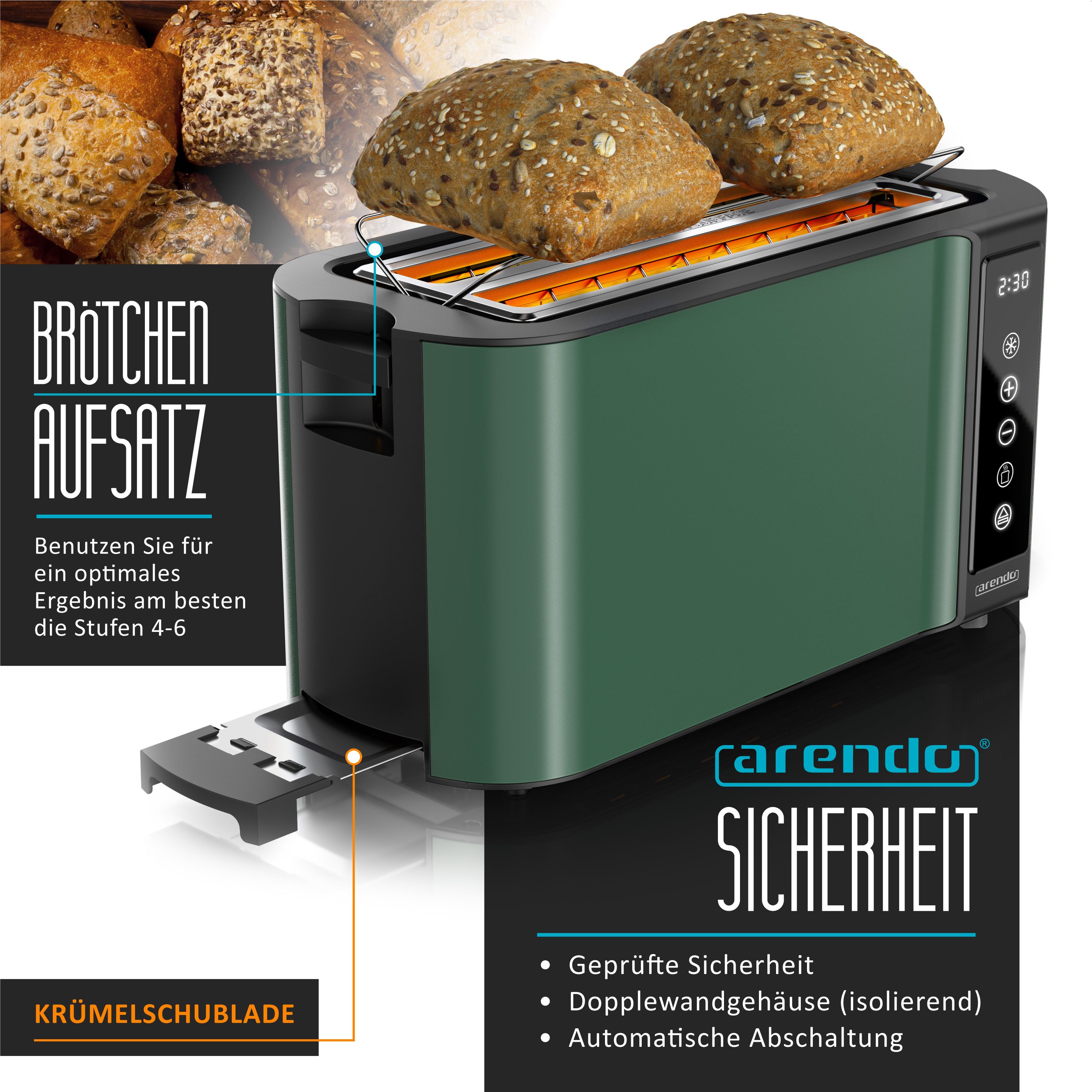 Arendo Toaster Wärmeisoliertes Doppelwandgehäuse, Display mit Restzeitanzeige, 2 lange Schlitze, für 4 Scheiben, 1500 W, Touchpanel, Brötchenaufsatz, 7 Bräunungsgrade, Brotscheibenzentrierung