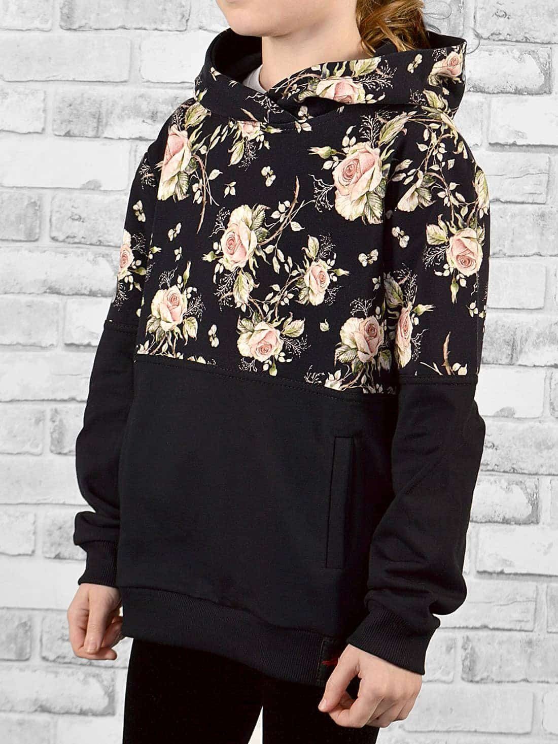 KMISSO Hoodie Hoodie Kapuze Pullover Mädchen Schwarz mit Rosenmuster (1-tlg)