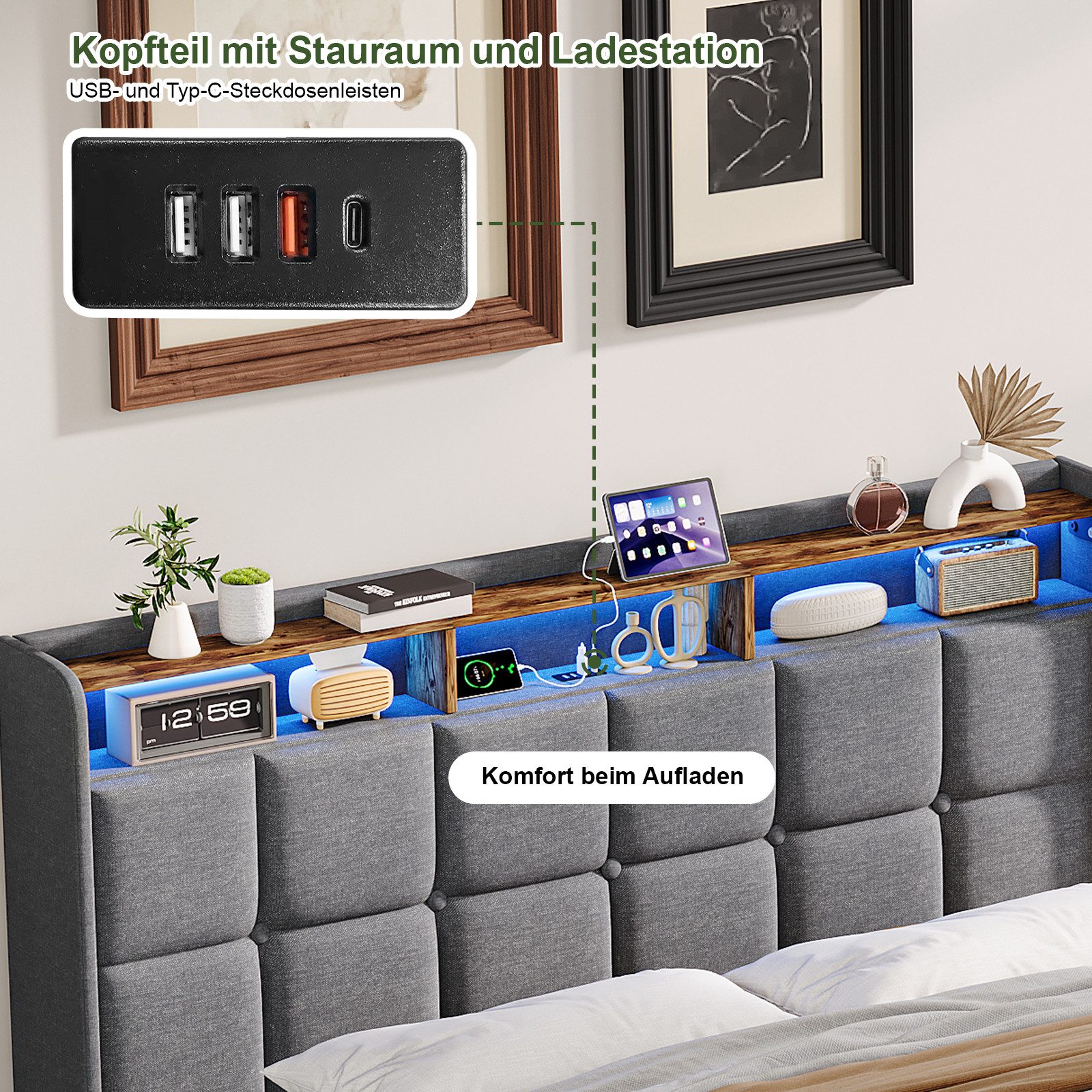 ADWOLT Polsterbett LED Hydraulisches Doppelbett Bett mit Stauraum (Set, 1-tlg., 160x200cm Stauraumbett), Bettgestell mit Lattenrost,Leinenmaterial,ohne Matratze – Bild 2 von 5