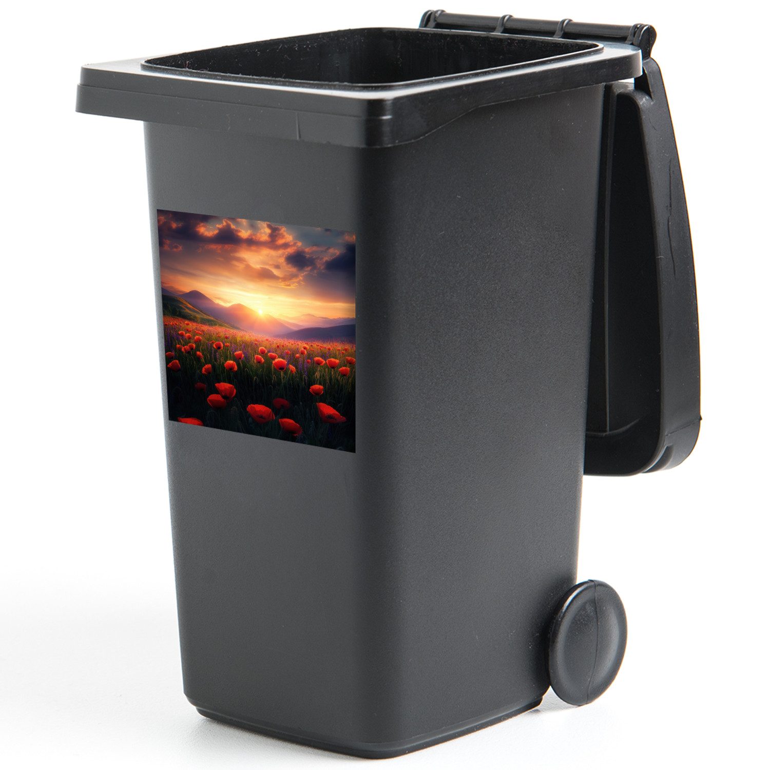 MuchoWow Wandsticker Landschaft - Sonnenuntergang - Blumenfeld (1 St), Mülltonnen-Aufkleber, Mülleimer, Mülltonne, Sticker, 40x40 cm