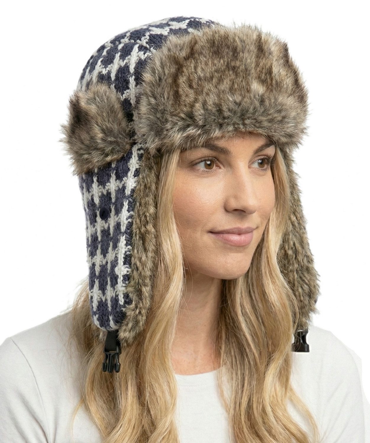 dy_mode Ohrenmütze Damen Pilotenmütze Herren Fliegermütze Mütze mit Ohrenklappen Karo mit Ohrenklappen, mit Kunstfell-Besatz