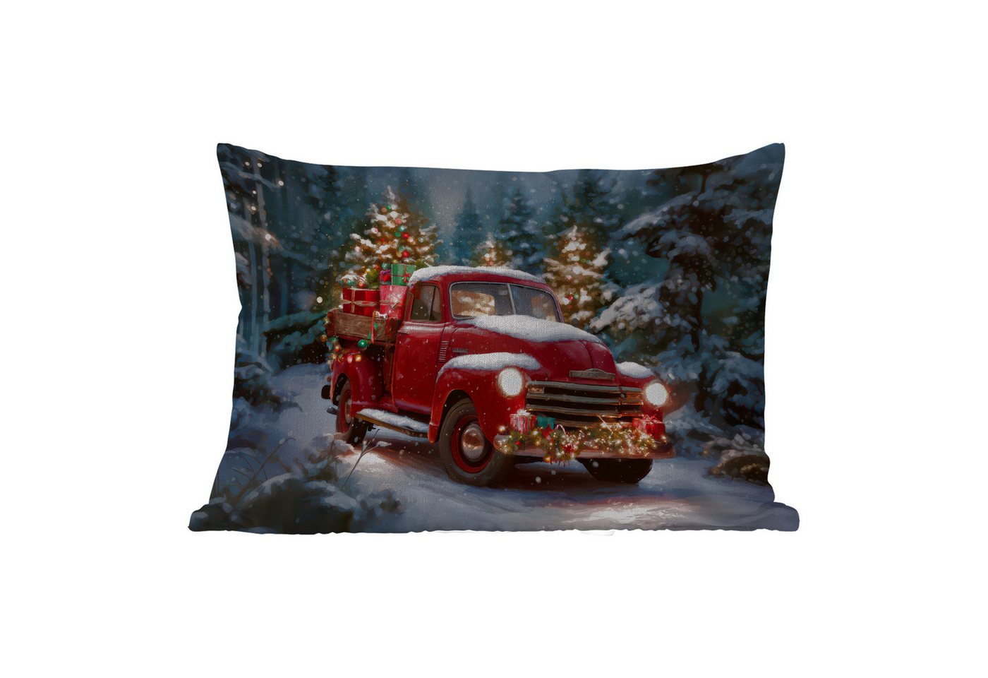 MuchoWow Dekokissen Weihnachts-LKW - Schneewald - Rot, Outdoor-Dekorationskissen, Kissen, Kissenbezug, 50x30 cm