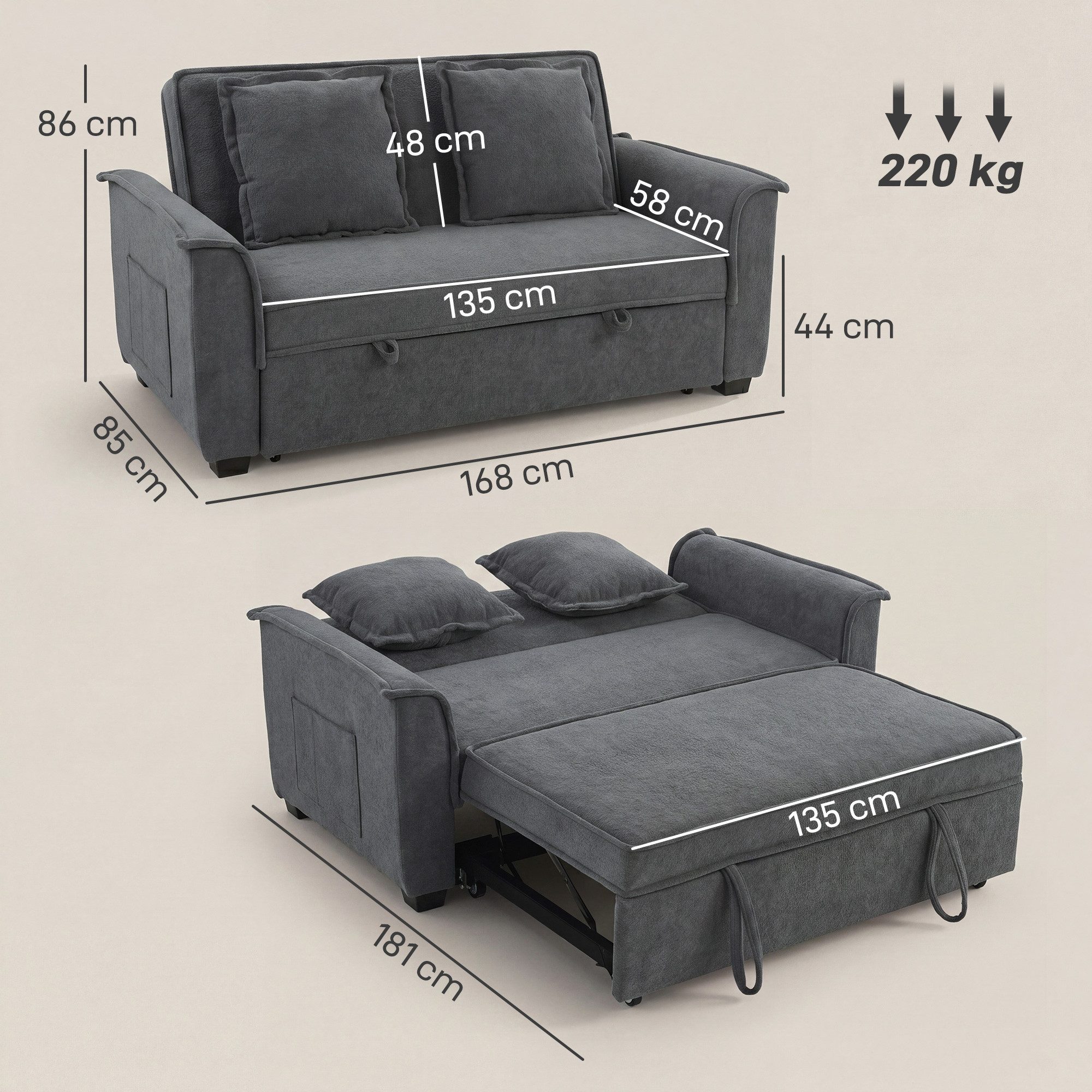 HOMCOM Schlafsofa 3-in-1 Schlafcouch mit Verstellbarer Rückenlehne, Seitentaschen, Set 1 Teile, für Wohnzimmer, Dunkelgrau