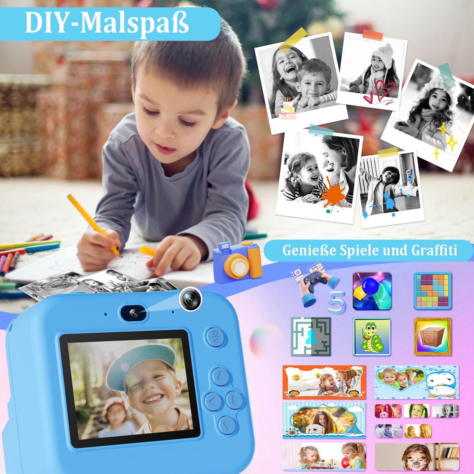 nsihing 1080P HD Kinder-Sofortbildkamera, digitale Kinderkamera, Kinderkamera (Sofortdruckkamera, Kinder-Sofortdruckkamera für Kinder ab 3 Jahren)