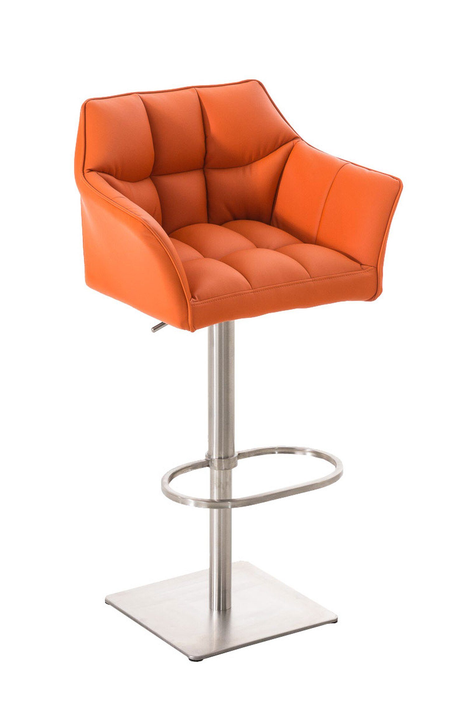 TPFLiving Barhocker Damaso (mit Rückenlehne und Fußstütze - Hocker für Theke & Küche), 360° drehbar - Gestell Edelstahl - Sitzfläche: Kunstleder Orange | Barhocker