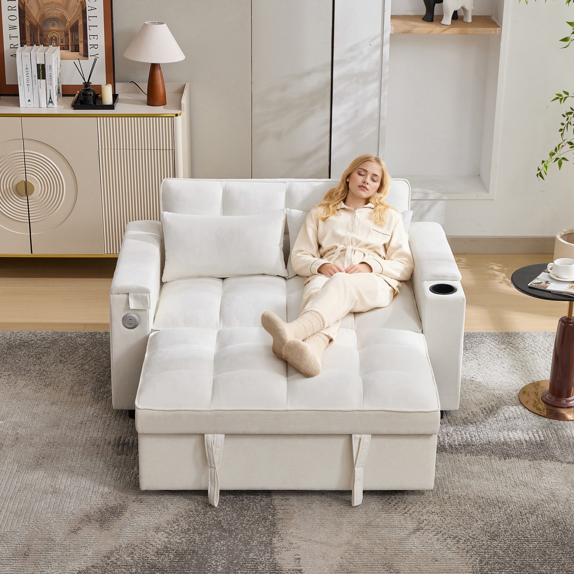 STILVORA Schlafsofa mit USB&Rückenlehne,Relaxsessel Ausziehsofa mit Getränkehalter&Tisch, Sofabett, Gästebett 1 Teile, mit verstellbarer Rückenlehne, USB-Anschluss