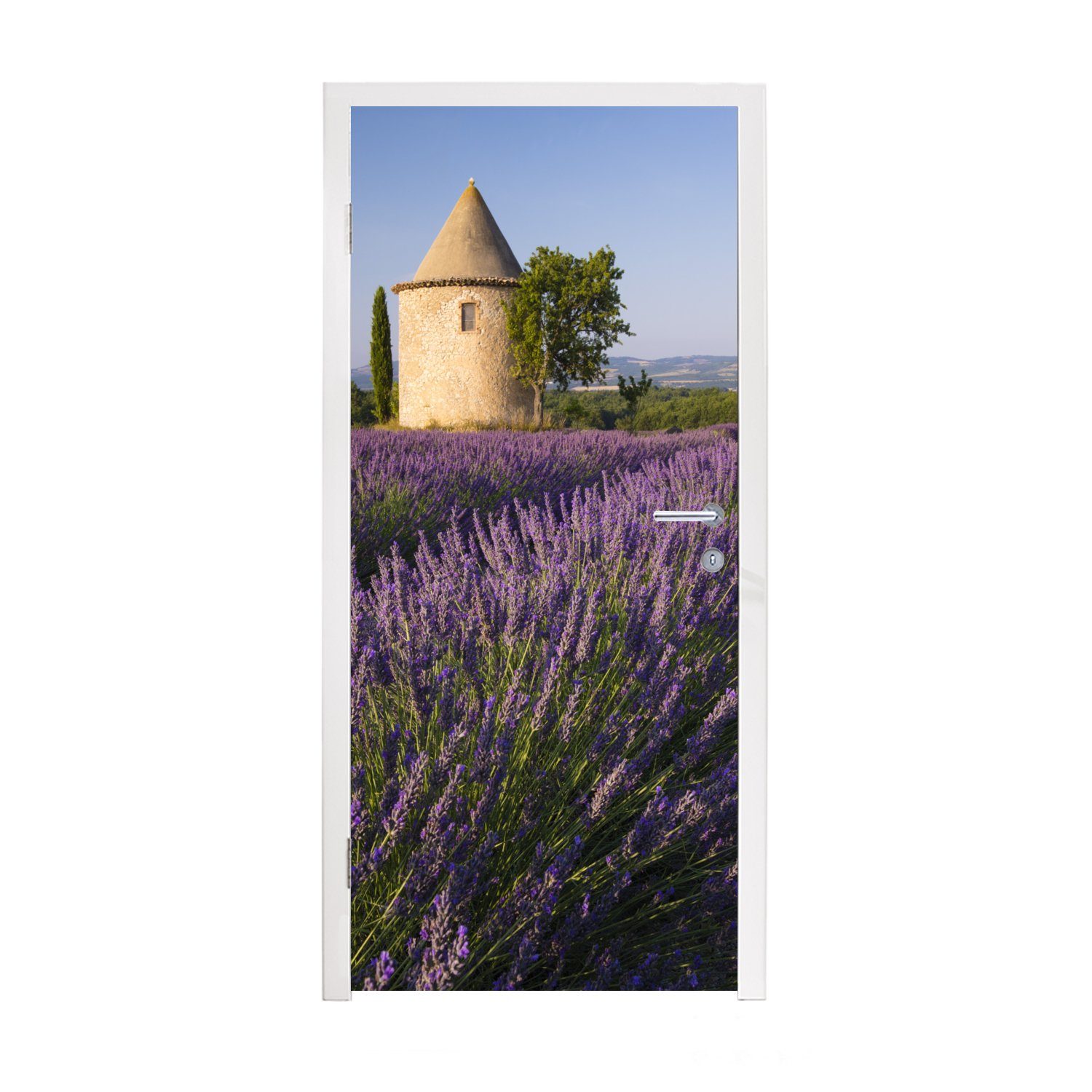 MuchoWow Türtapete Runder Turm auf einem Lavendelfeld in Frankreich, Matt, bedruckt, (1 St), Fototapete für Tür, Türaufkleber, 75x205 cm