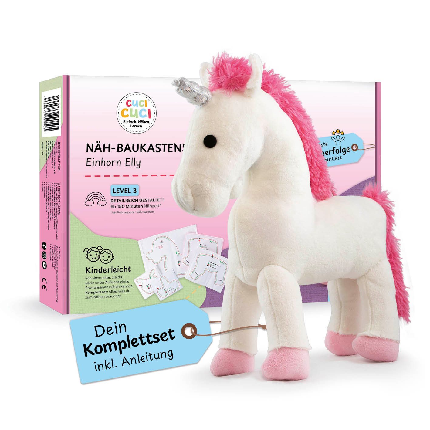 cuci cuci Kreativset Näh-Baukasten für Kinder - erste Näherfolge garantiert, (Einhorn Elly), Komplettset mit allem, was du zum Nähen brauchst