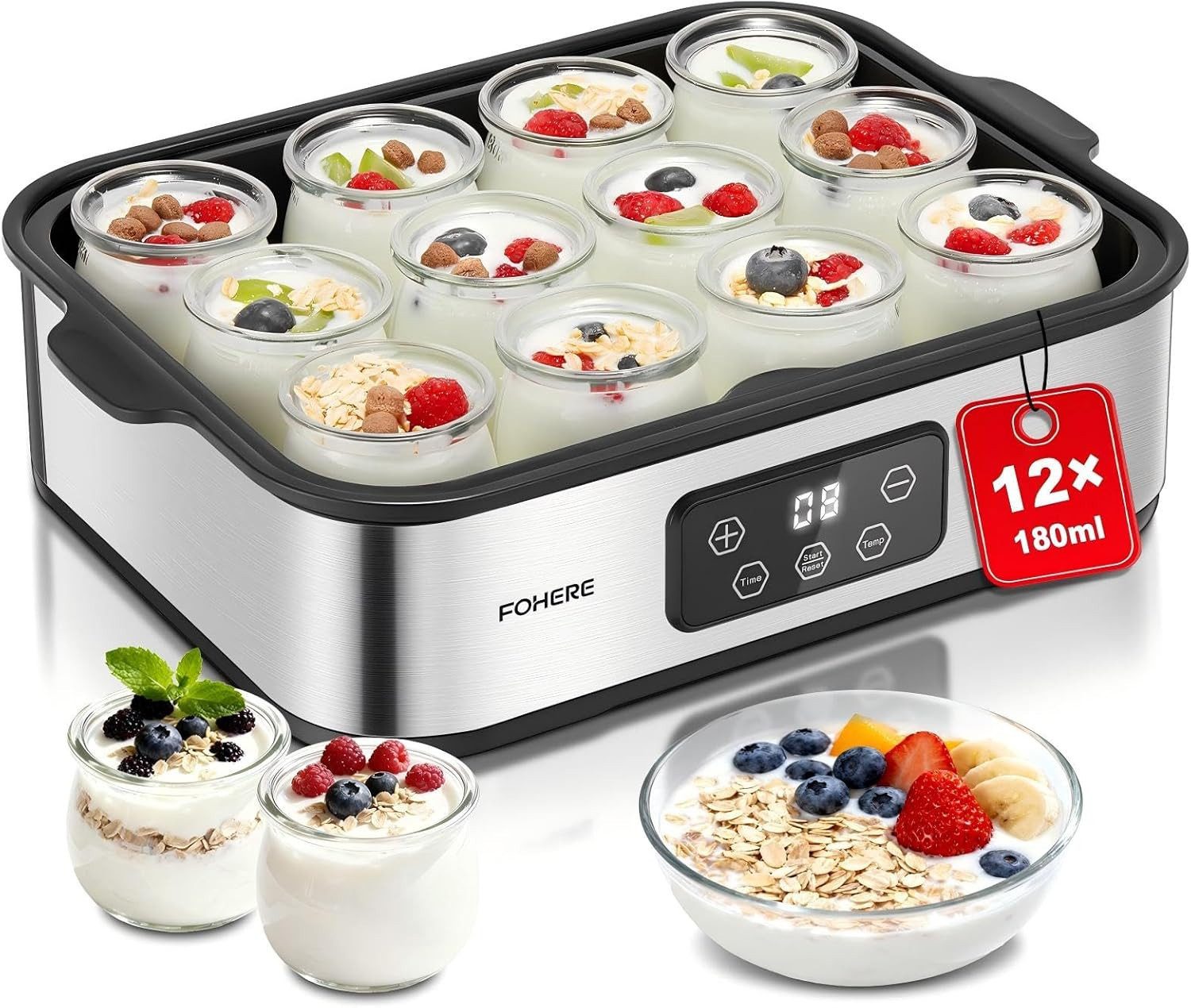 FOHERE Joghurtbereiter 12 Portionsbehälter, je 180 ml, Joghurt Maker mit Temperatur und Timer, 2 Portionsbehälter, je 180 ml