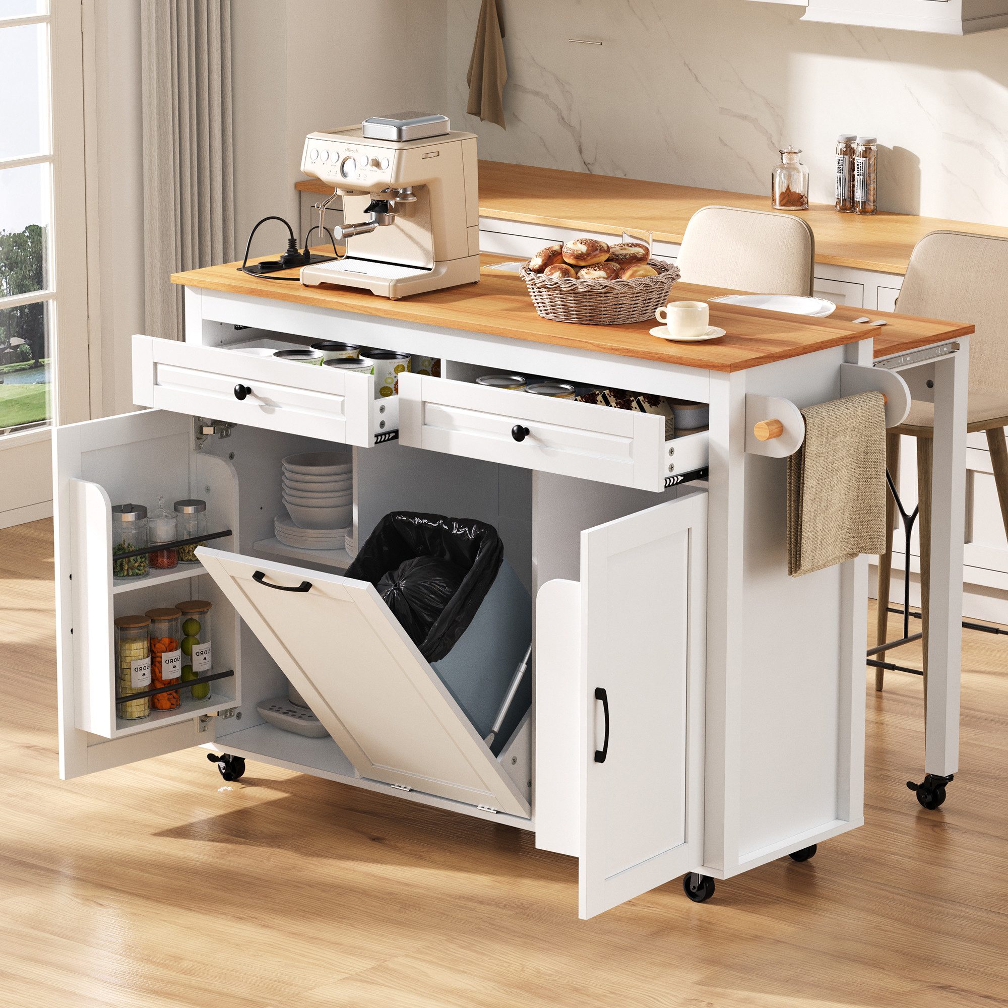 Merax Servierwagen Kücheninsel Sideboard, auf Rollen, Ausziehbarer Essbereich, (1 St), Abfallbehälterfach, Steckdosenleisten, Küche, Esszimmer