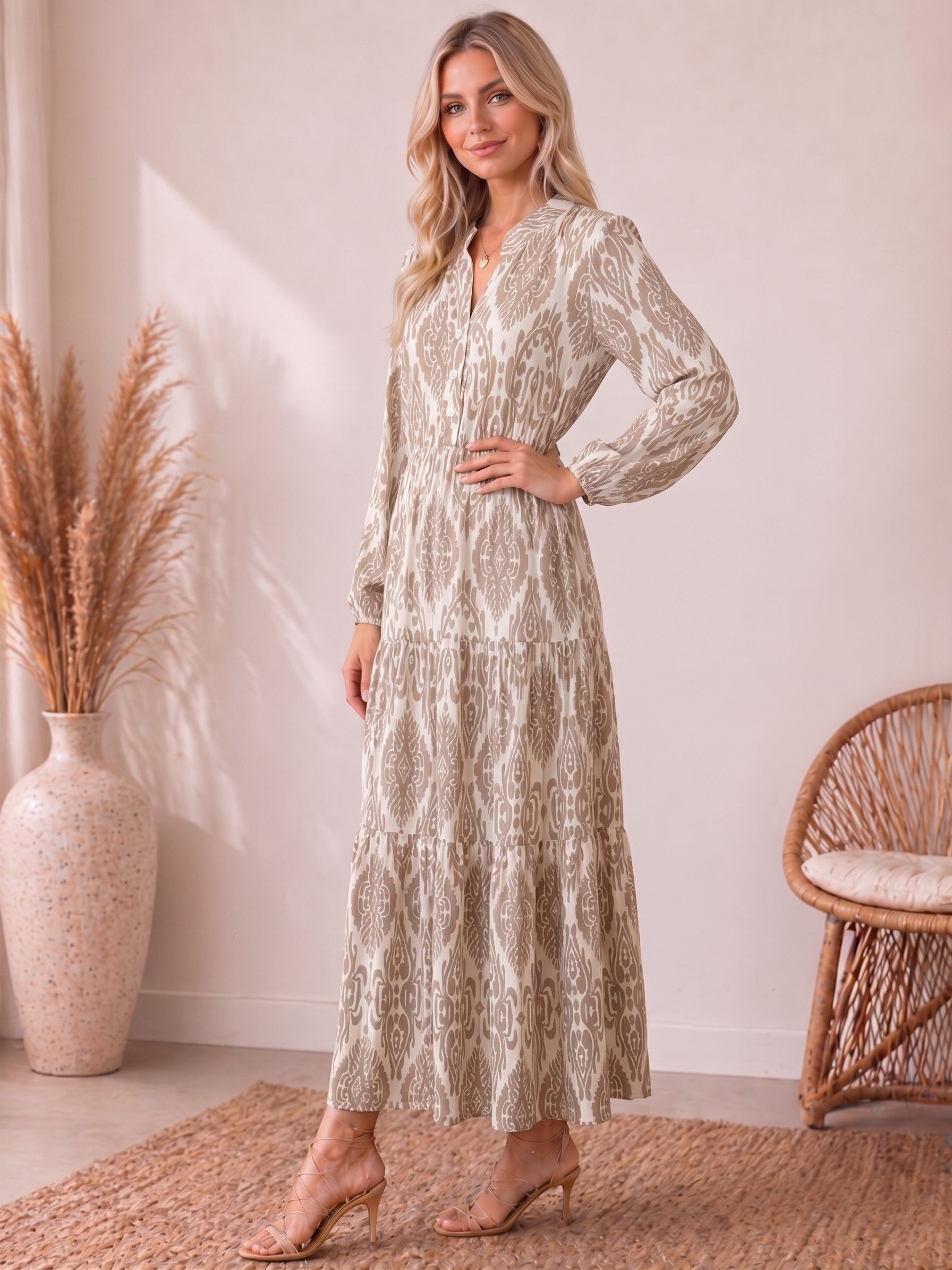 Kendindza Collection Maxikleid Sommerkleid Damen Lang Viskose Elegantes Sommer Kleid lang Maxi Kleid Ikat-Print Knopfleiste & Schnurbund, Luftig Leicht