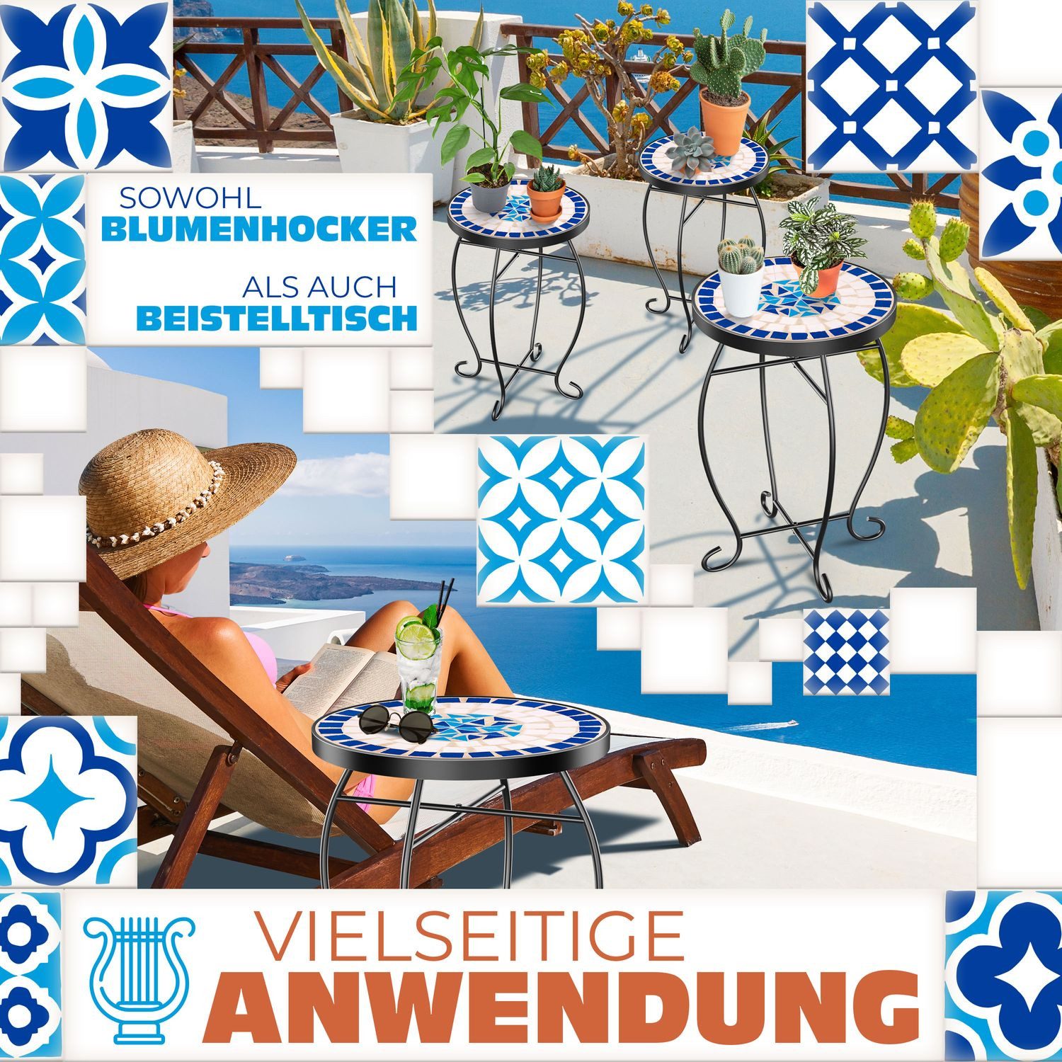 KESSER Beistelltisch, Mosaik-Platte & Metall-Gestell Bistrotisch Gartentisch Blumenhocker