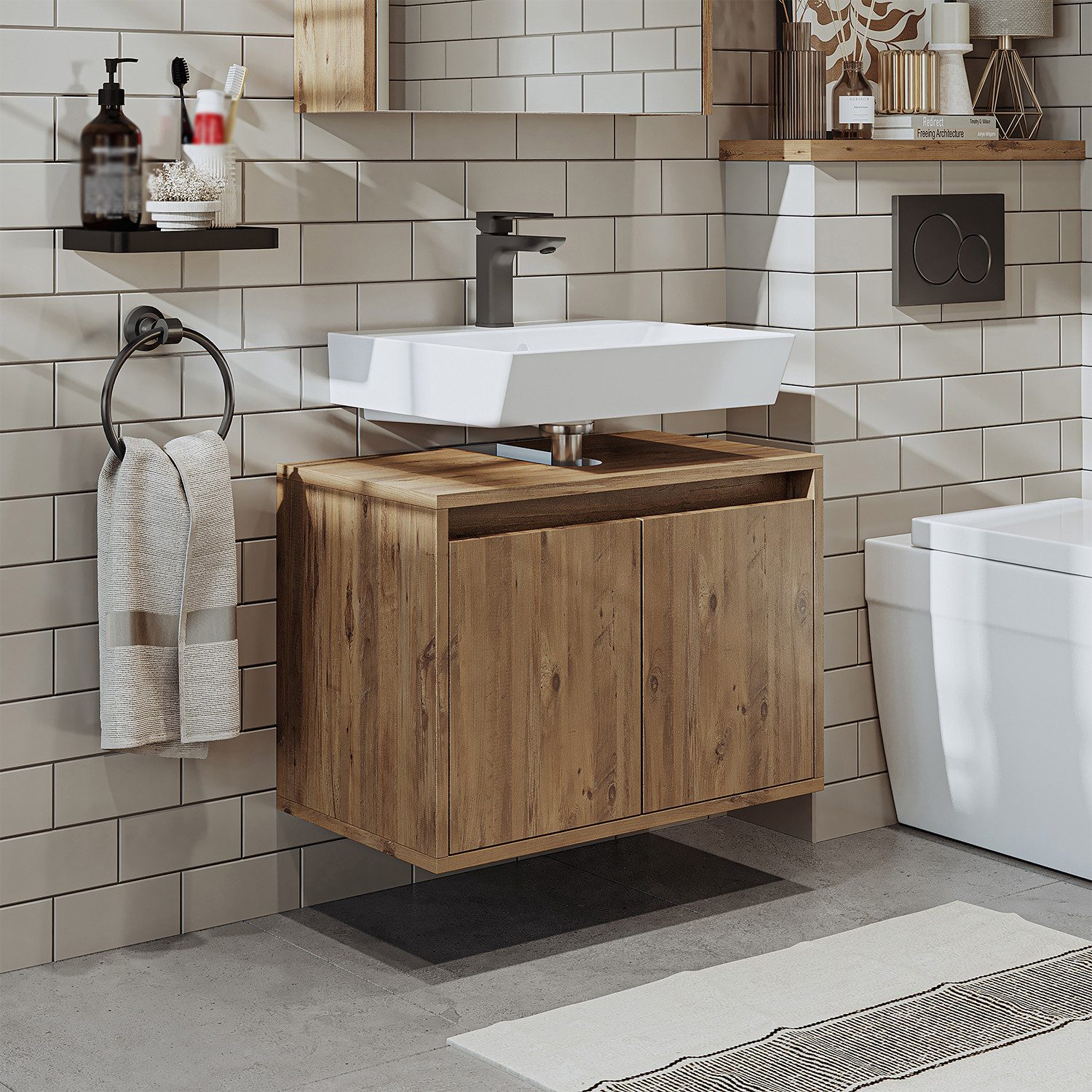 Roomart Waschbeckenunterschrank ATRIA 65 cm hängend, Soft-Close, Siphonausschnitt, 4 Farben, Bad (Waschbeckenunterschrank ohne Waschbecken) 35 cm Tiefe, Soft-Close, Wandmontage, 4 Farben