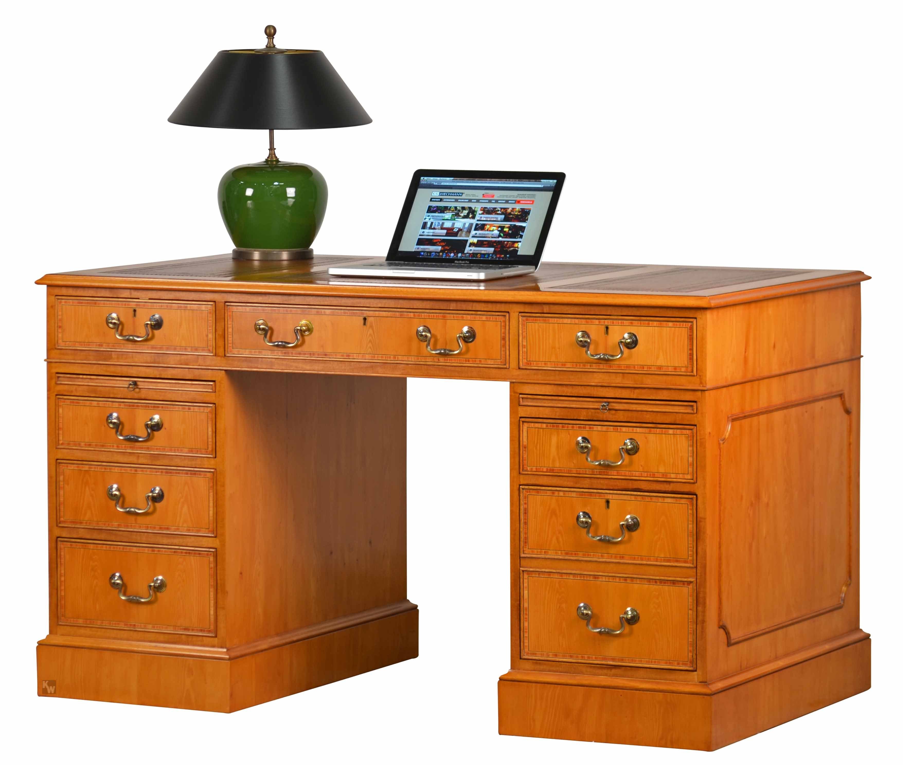 Bürotisch mit Eibe, Lederschreibeinlage, Kai Wiechmann stilvoller in verschiedenen Tisch England Arbeitstisch hochwertiger made Größen Schreibtisch in