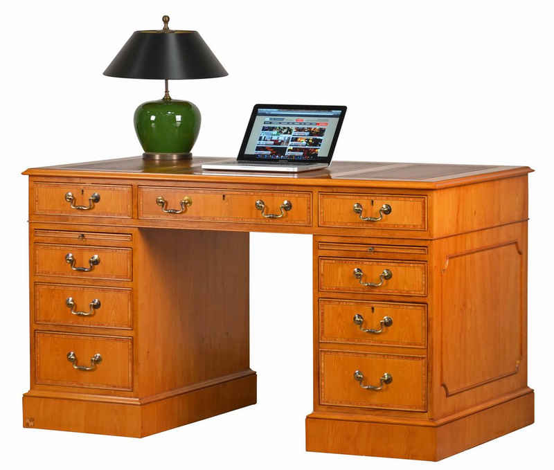 Kai Wiechmann Schreibtisch Bürotisch Eibe, hochwertiger Tisch mit Lederschreibeinlage, stilvoller Arbeitstisch in verschiedenen Größen made in England