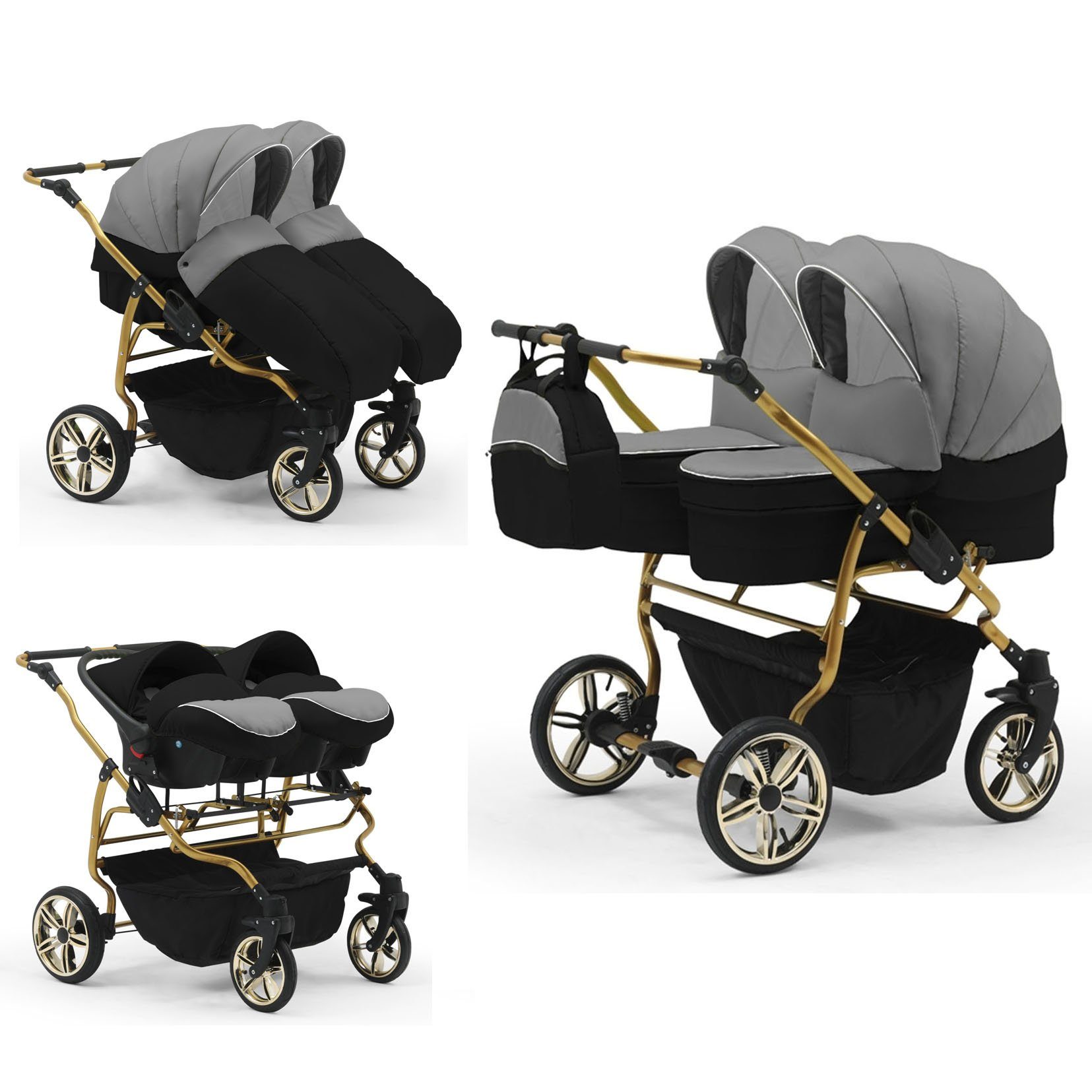 babies-on-wheels Zwillingswagen Duet Lux Gold 3 in 1 inkl. Autositze - 13 Teile - in 33 Farben Grau-Schwarz