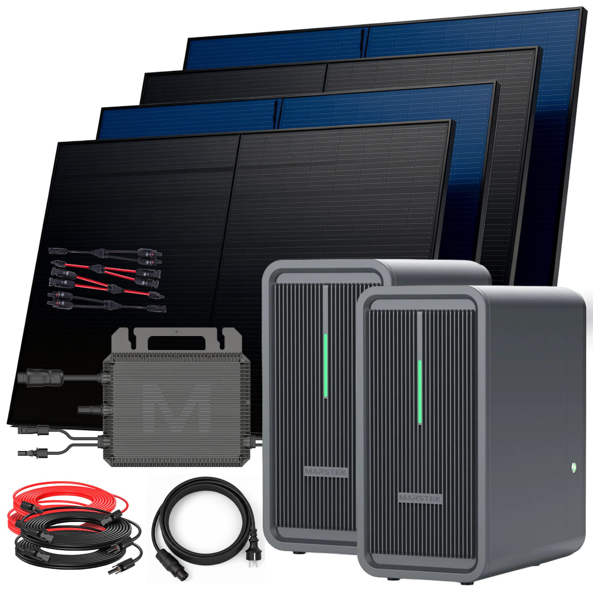 SUNNIVA Balkonkraftwerk 2000W mit 4.48 kWh Speicher MARSTEK 2x B2500-D, (BIFAZIAL FULLBLACK komplett Steckdose, PV Solaranlage Komplettset mit Solarspeicher, 4x 500W N-Type Glas-Bifacial Module) von SUNNIVA