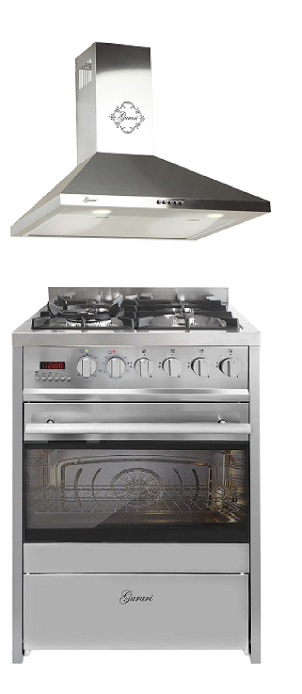 GURARI Gas-Standherd 60 cm Edelstahl Gasherd mit Elektrobackofen 60 L Range Coocker mit Dunstabzugshaube 60 cm, in Edelstahl, 1000m³/h,Sehr Saugstark, 3 Stufen,Abzugshaube GCH E 610 X+GCH 147 IS 6., mit 1-fach-Teleskopauszug