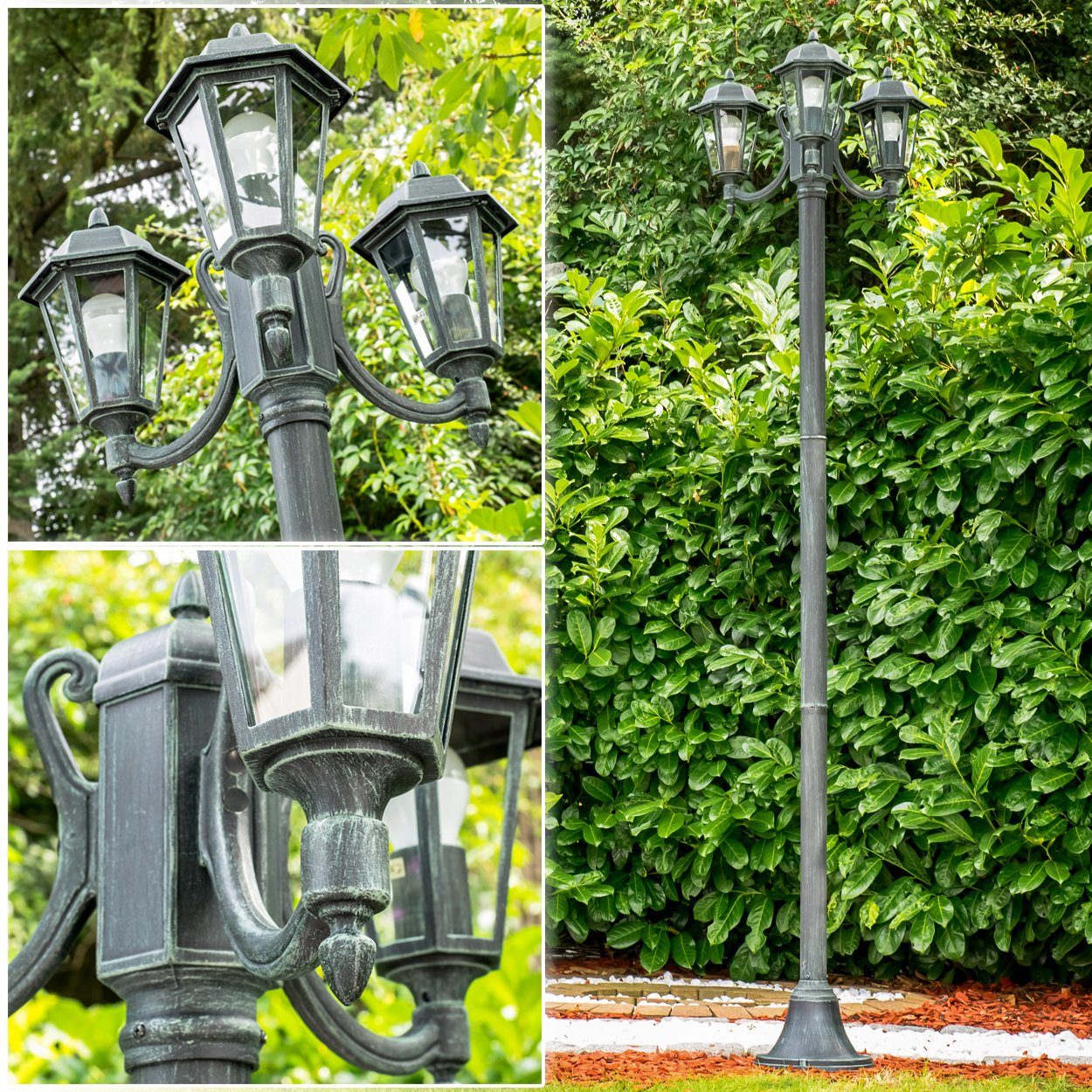 hofstein Außen-Stehlampe »Parco« Außenleuchte Kandelaber in antikem Look, ohne Leuchtmittel, Aluguss in Schwarz/Grün mit Milchglas-Scheiben, E27, IP44