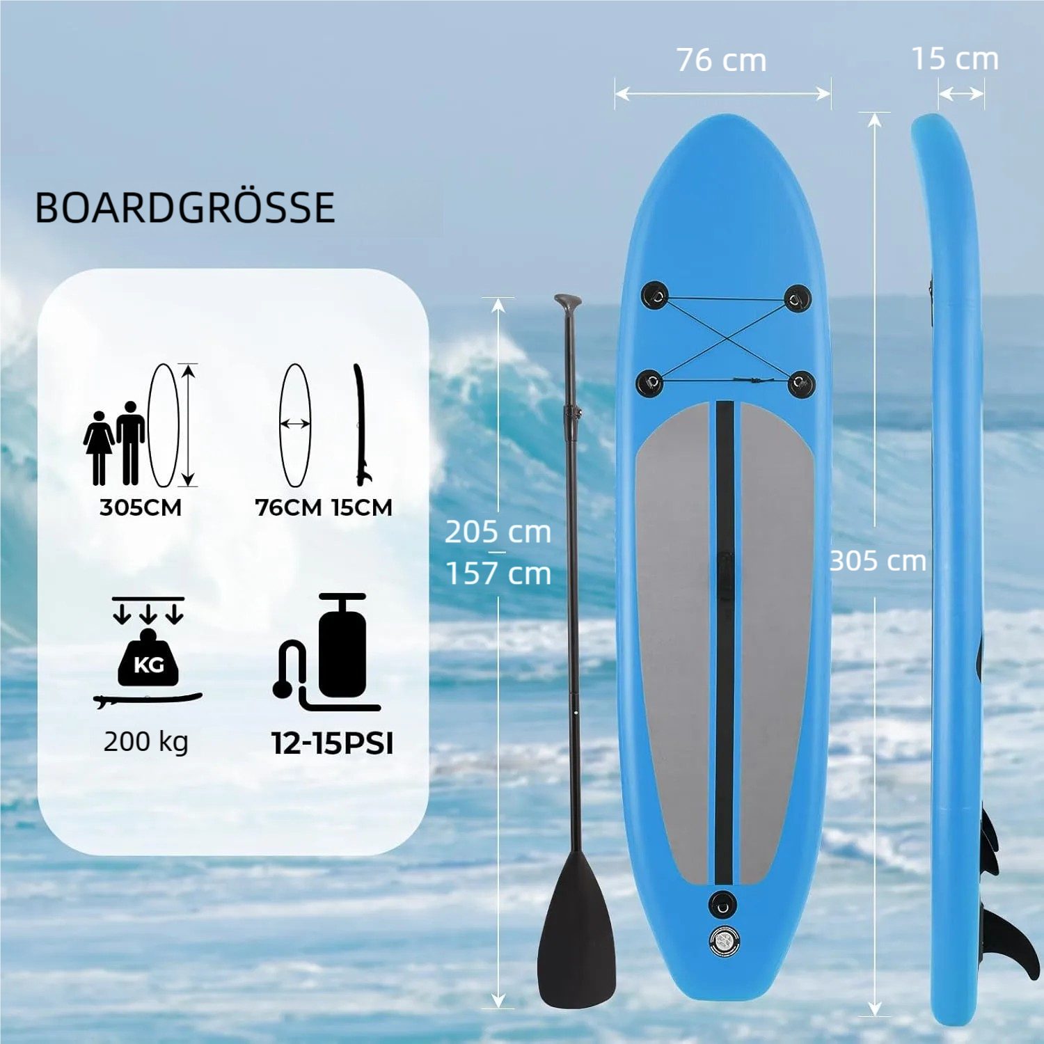 TLGREEN SUP-Board 305 x 76x 15 cm Inflatable Stand Up Paddle Board, (Surfbrett 10FT, Komplettes Zubehör, Verstellbares Paddel, Pumpe, Reiserucksack, Leine, Erwachsene Paddelboard), für Wassersport und Paddling,Tragfähigkeit 200KG