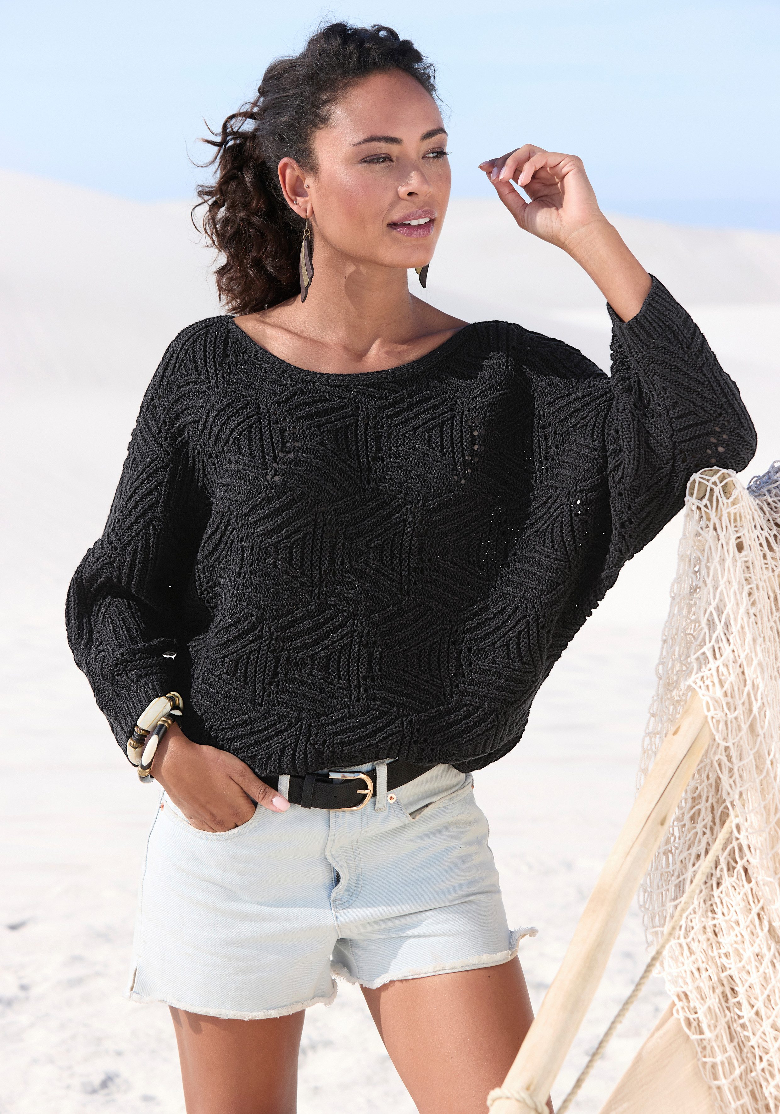 LASCANA Fledermauspullover mit aufwendigem Strickmuster, Lochstrickmuster modischer Ajourpullover, Oversize-Pullover, Strickpullover, Frühling