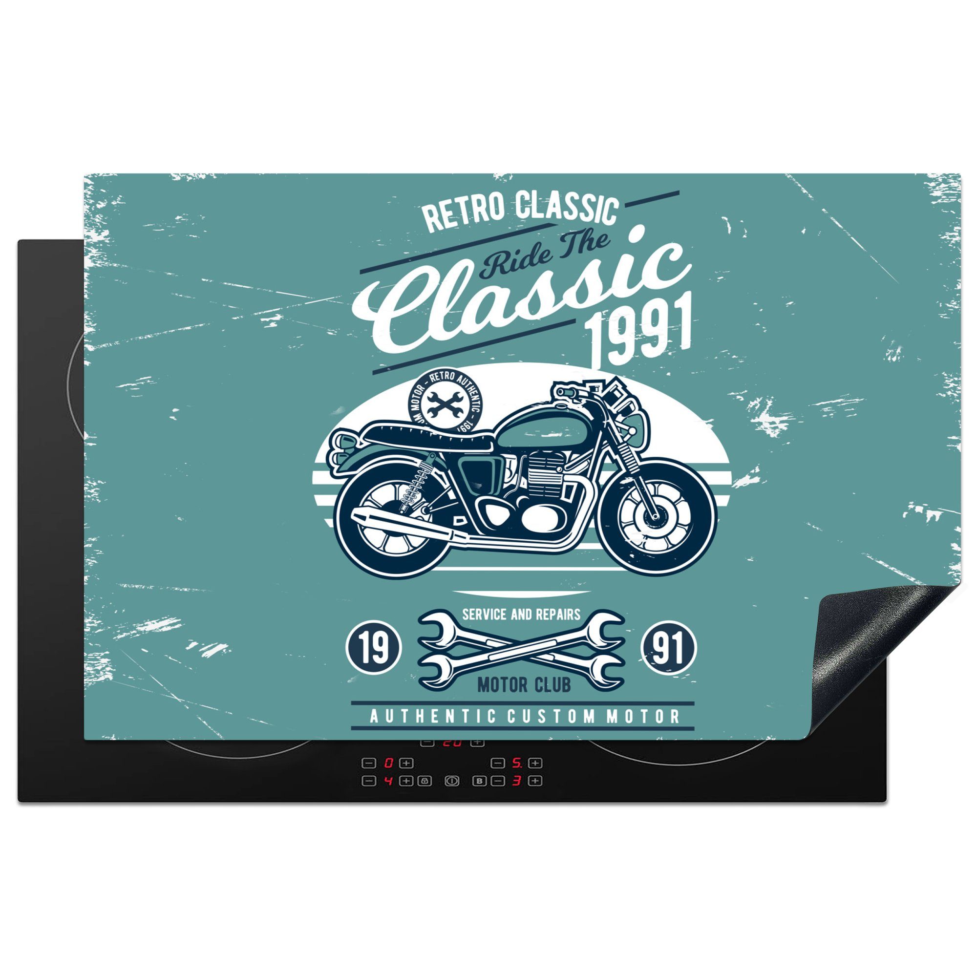 Motorrad Induktionskochfeld - Retro, Ceranfeldabdeckung Vinyl, tlg), die - Schutz (1 Herdblende-/Abdeckplatte 81x52 für cm, Werkzeuge MuchoWow küche,