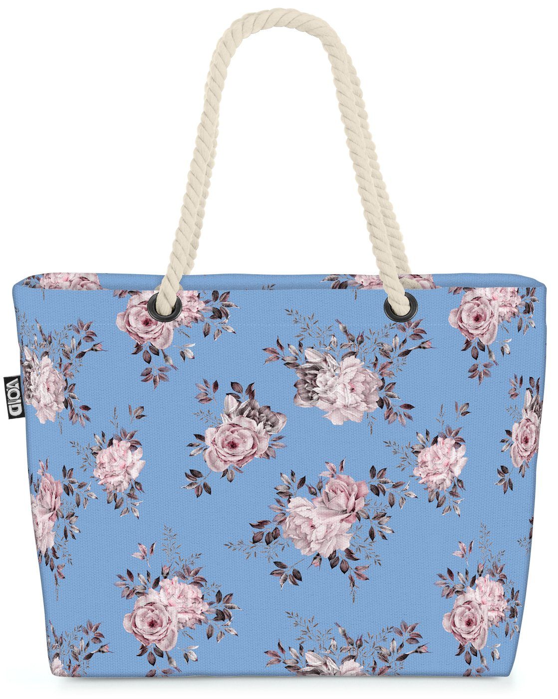 VOID Strandtasche (1-tlg), Weisse Pfingsrosen Beach Bag Rose Blumen-Muster Hellblau romantisch bäuerlich