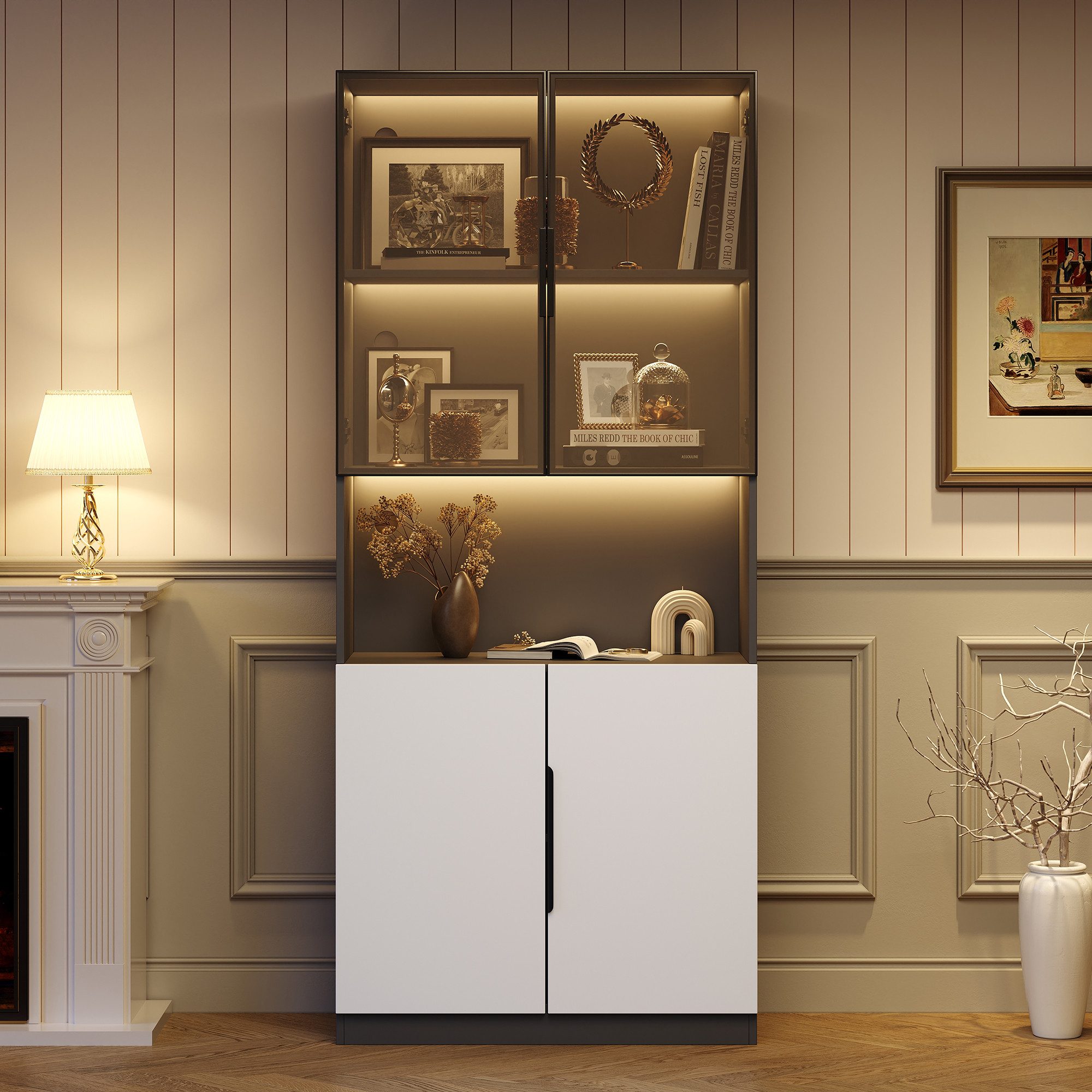 STILVORA Vitrine 2m Highboard Sideboard mit LED-leuchten und Glastüren,Beis günstig online kaufen