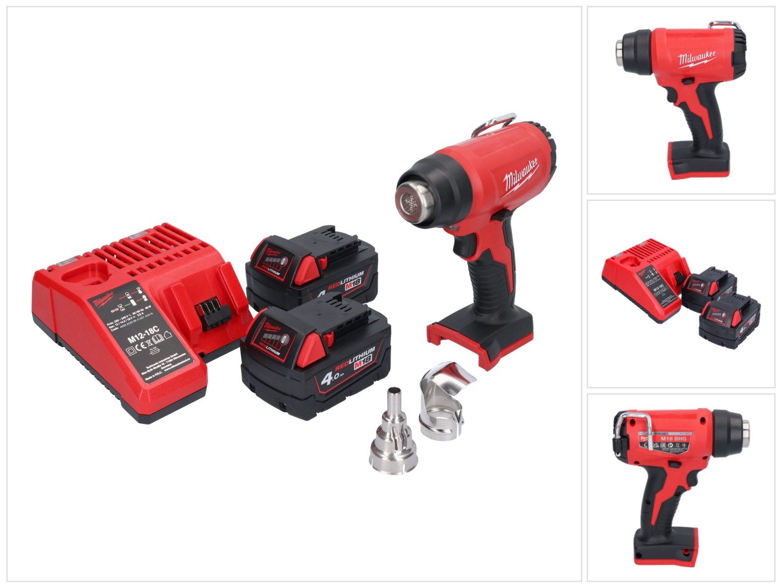 Milwaukee Heißluftgebläse M18 BHG-402 Akku Heißluftgebläse 18 V 470 °C + 2x Akku 4,0 Ah + Ladeg