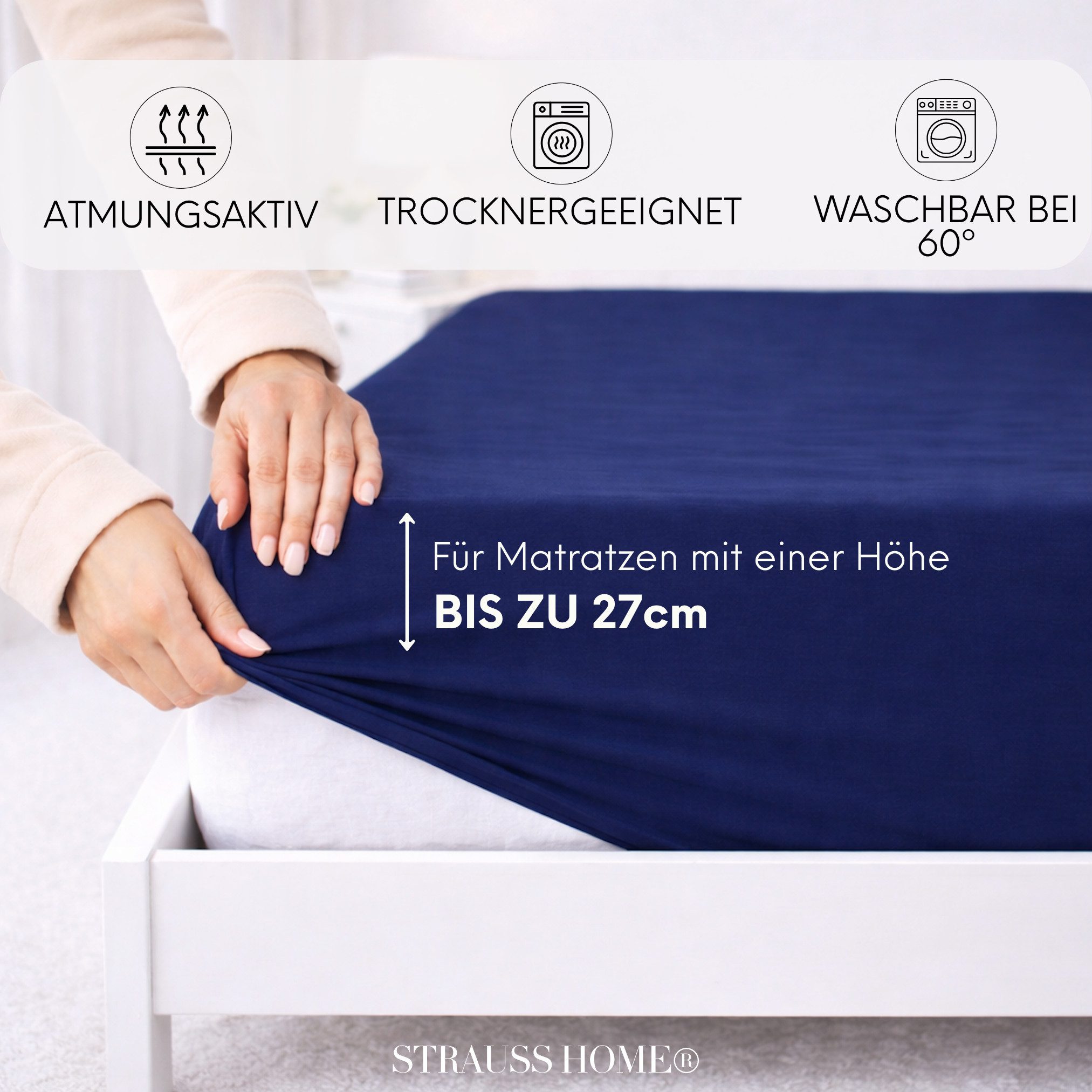 Strauss Home Spannbettlaken Premium 160 g/m² Gekämmte Baumwolle Jersey in Hotelqualität, Gummizug: Rundumgummi, OEKO-TEX®-zertifiziert - Hotelqualität – Formstabil & Langlebig