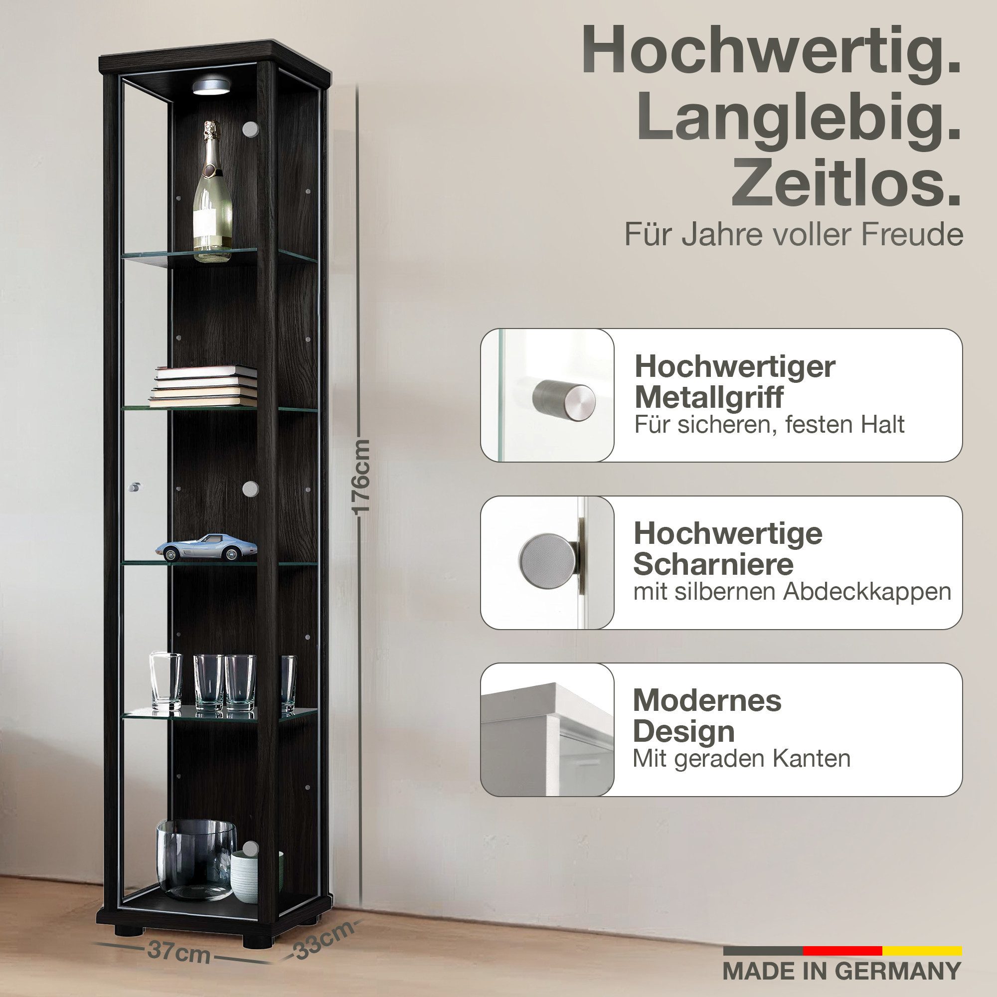 K-Möbel Glasvitrine C1014 (Glasvitrine (176x37x33 cm) mit 1 Glastür) Glasvitrine stehend – Bild 2 von 5