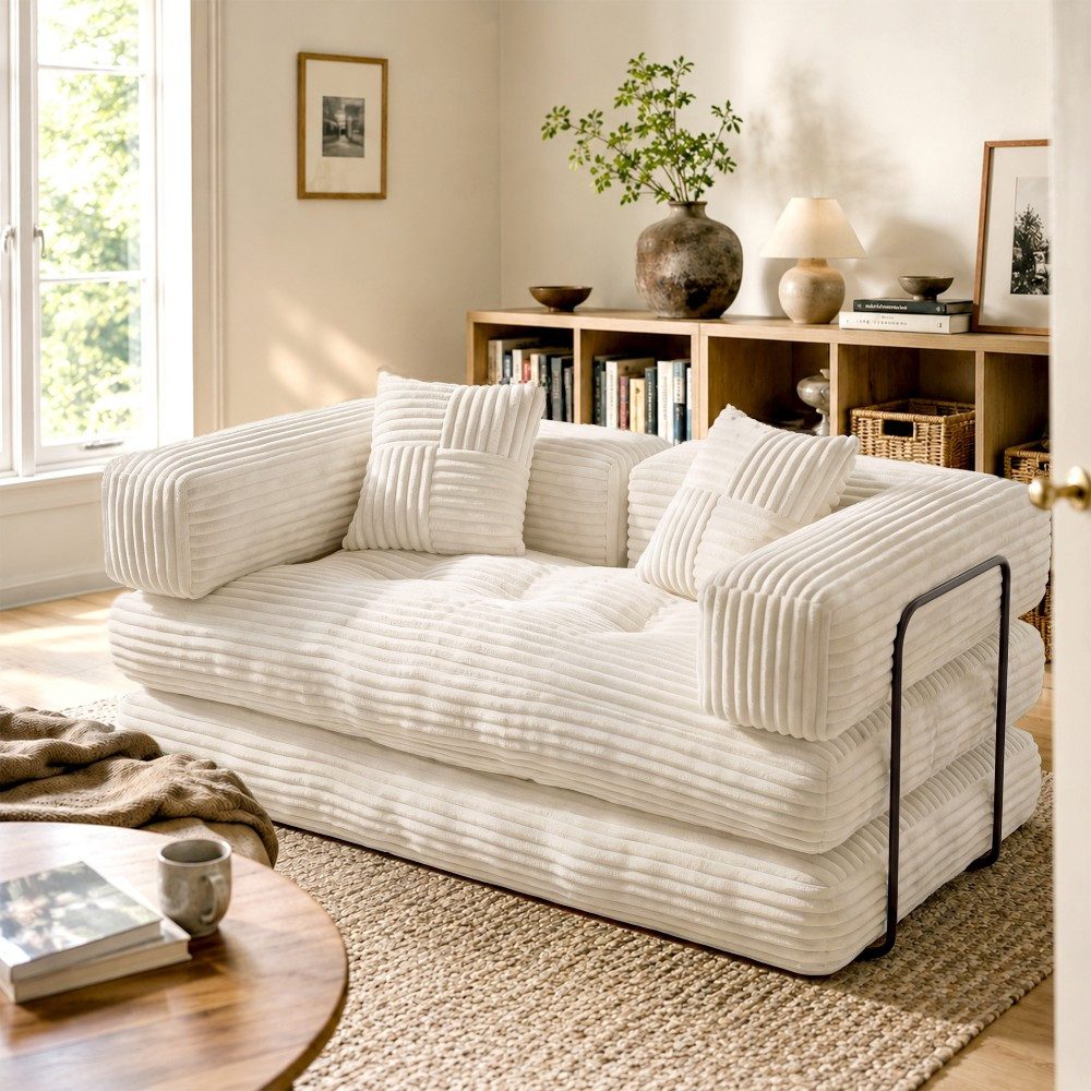 Vipbear 2-Sitzer 5-in-1 Modulares Sofa mit Schlaffunktion, Wandelsofa aus Cord, 1 Teile, ohne Montage, 160x90cm Flauschige Couch für Wohnzimmer Arbeitszimmer