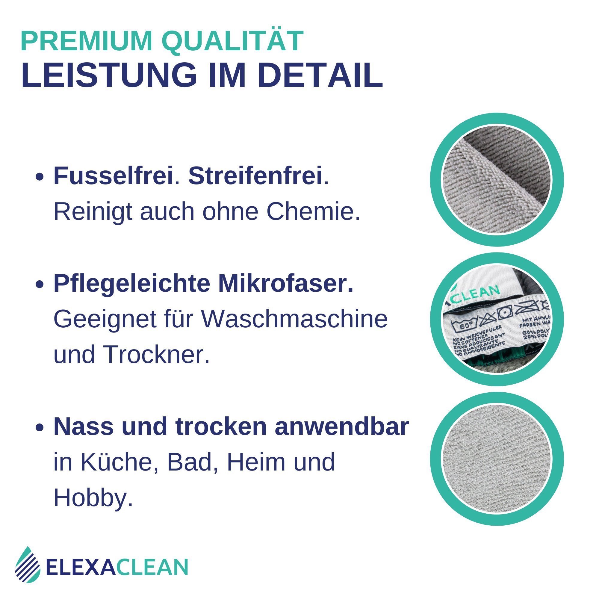 ELEXACLEAN Universal Reinigungstücher Mikrofasertuch (80% Polyester, 20% Polyamid (Mikrofaser), 30x30 cm, Set, 12-tlg., 30x30 cm, fusselfrei, streifenfrei, saugfähig)