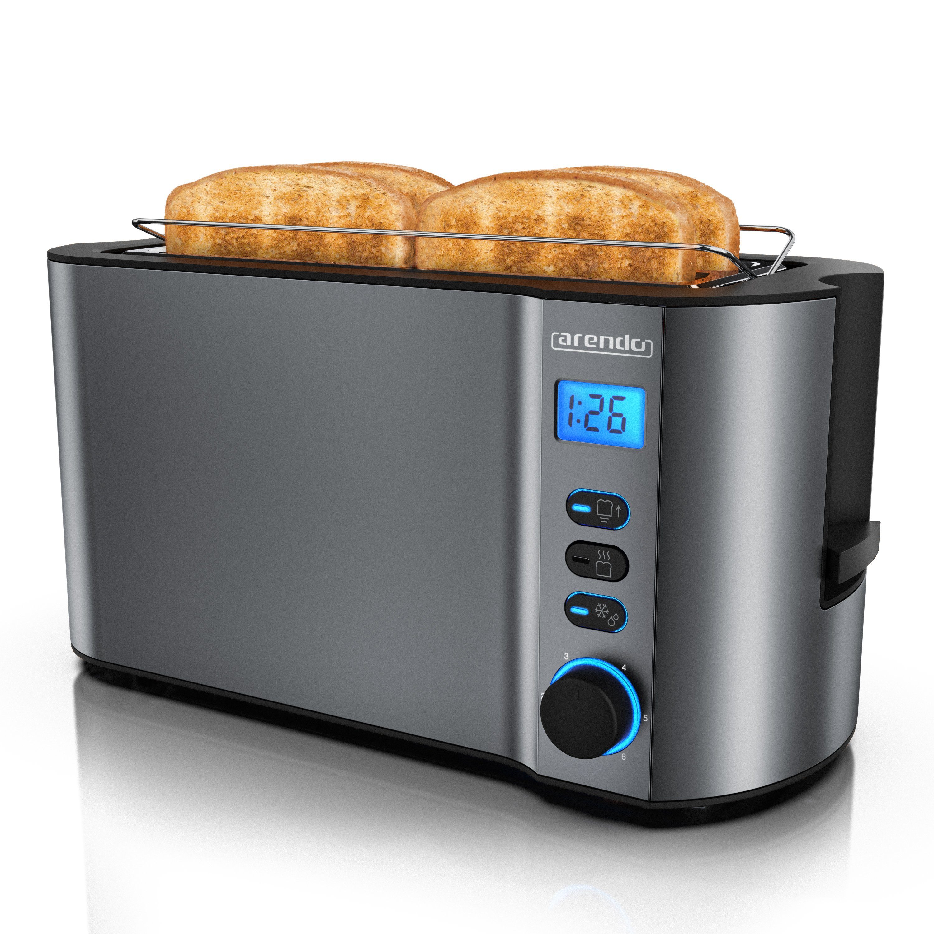 Arendo Toaster Display mit Restzeitanzeige, Edelstahl, Langschlitz, Krümelschublade, 2 lange Schlitze, für 4 Scheiben, 1500 W, Defrost Funktion, Wärmeisolierendes Gehäuse, mit Brötchenaufsatz